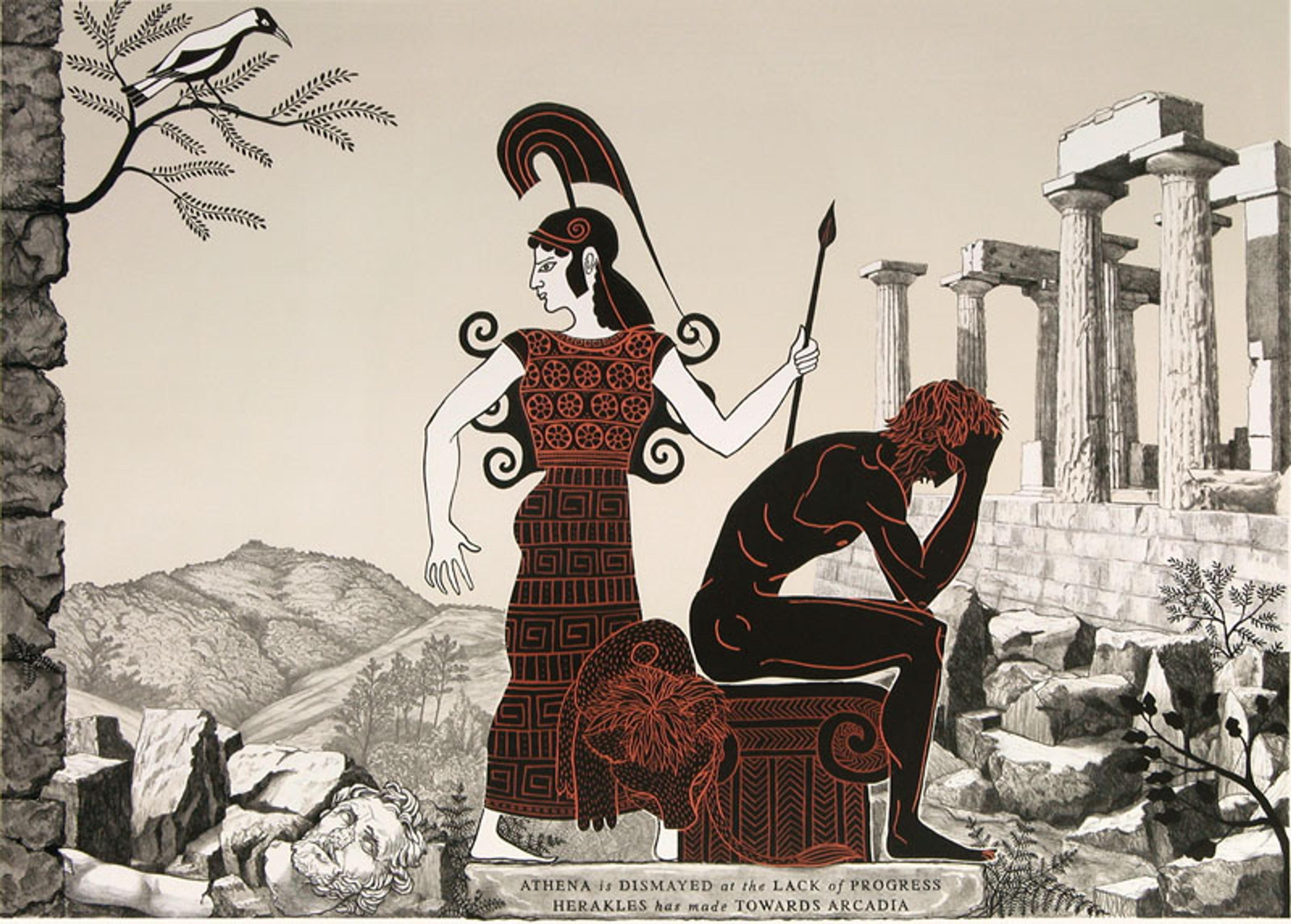 Marian Maguire, Athena is dismayed at the lack of progress Herakles has made towards Arcadia, plate 10 from The Labours of Herakles, 2007, colour lithograph, Ngā Puhipuhi o Te Herenga Waka—Victoria University of Wellington Art Collection, purchased 2010. 