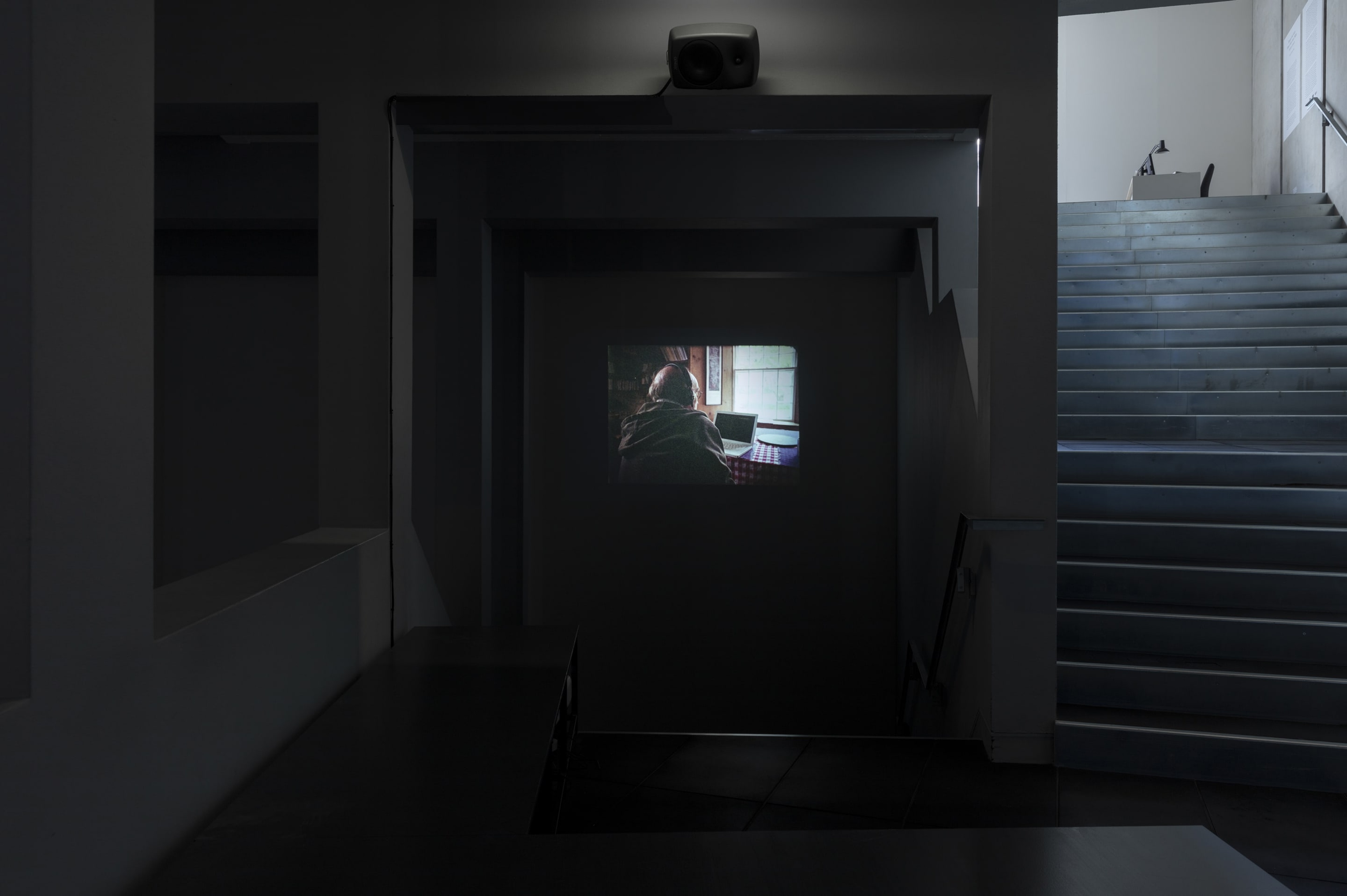 Luke Fowler, For Christian, 2016, 16mm film transferred to HD video, 6 minutes, 45 seconds, colour, mono, 4:3. Courtesy of the artist and The Modern Institute, Glasgow and Gisela Capitain Gallery, Cologne. Installation view, Passages: Luke Fowler, Florian Hecker, Susan Philipsz, curated by Stephen Cleland, Adam Art Gallery Te Pātaka Toi, Victoria University of Wellington, 2019. Photo: Shaun Waugh.