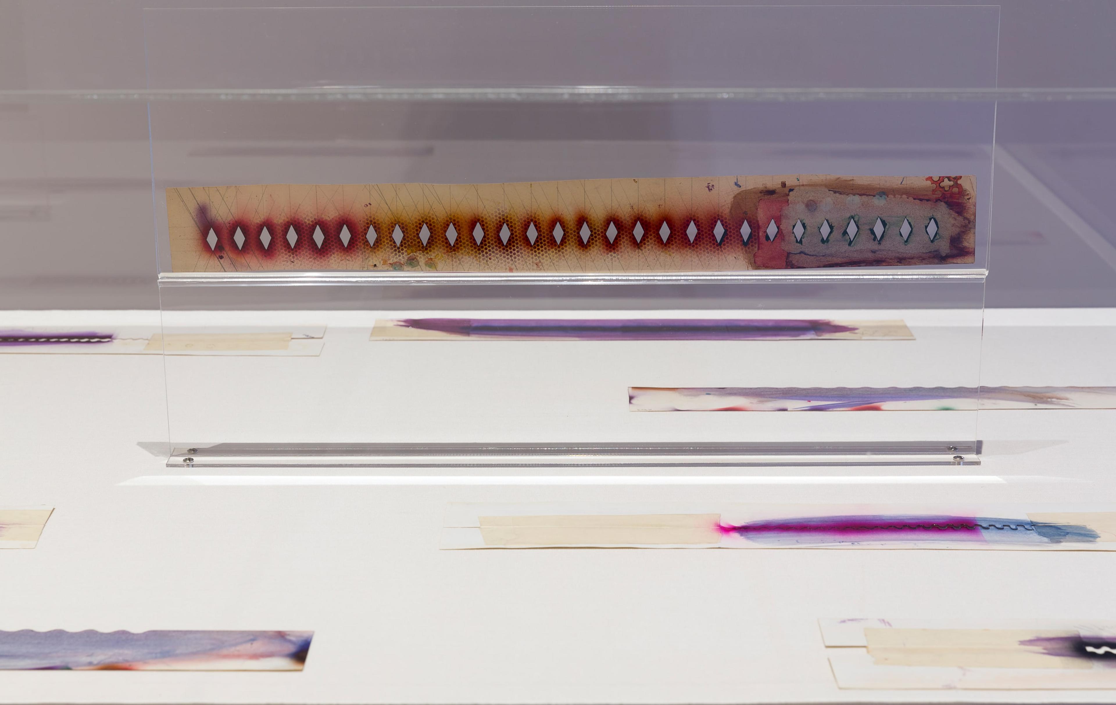 Len Lye, installation view of stencils from Musical Poster #1, 1940. Paint on heavy card, occasional pencil inscriptions, eleven of twenty-one, various dimensions, approx. 490 x 90mm. Courtesy of the Len Lye Foundation, Govett-Brewster Art Gallery.. Photo: Shaun Waugh.