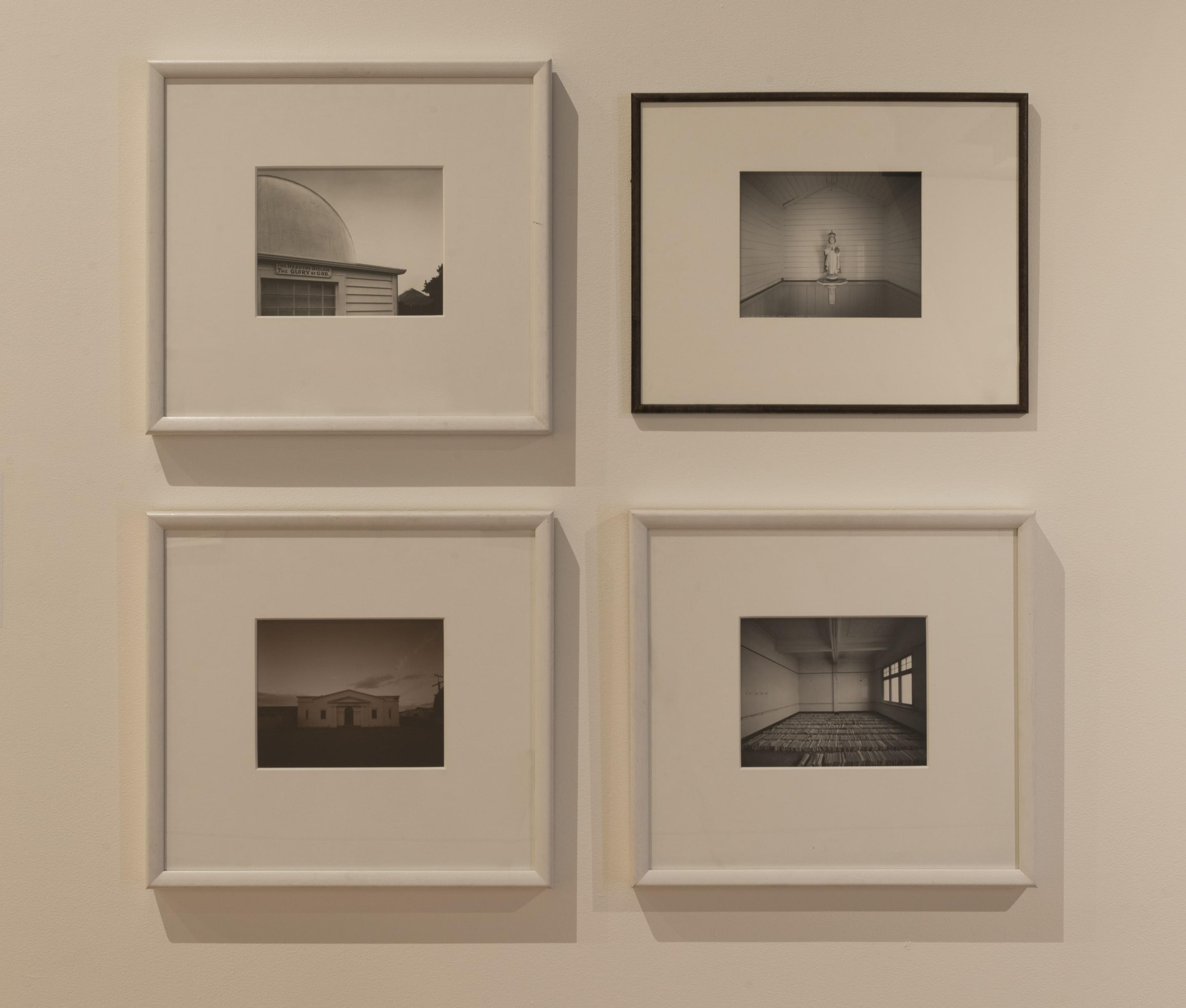 Laurence Aberhart, Taranaki (The heavens declare the glory of God), New Plymouth, May 14, 1986, 1986, gelatin silver photograph; Christ-child-king. Hato Hohera Catholic Mission, Waitaruke, Northland, May 24, 1982, 1982, gelatin silver photograph; Lodge Concord #39, Papanui, Christchurch, December 1981, 1981, gelatin silver photograph; Untitled (Files at the old Cosmopolitan Club, Wanganui), 1986, gelatin silver photograph. All works collection of Peter McLeavey.