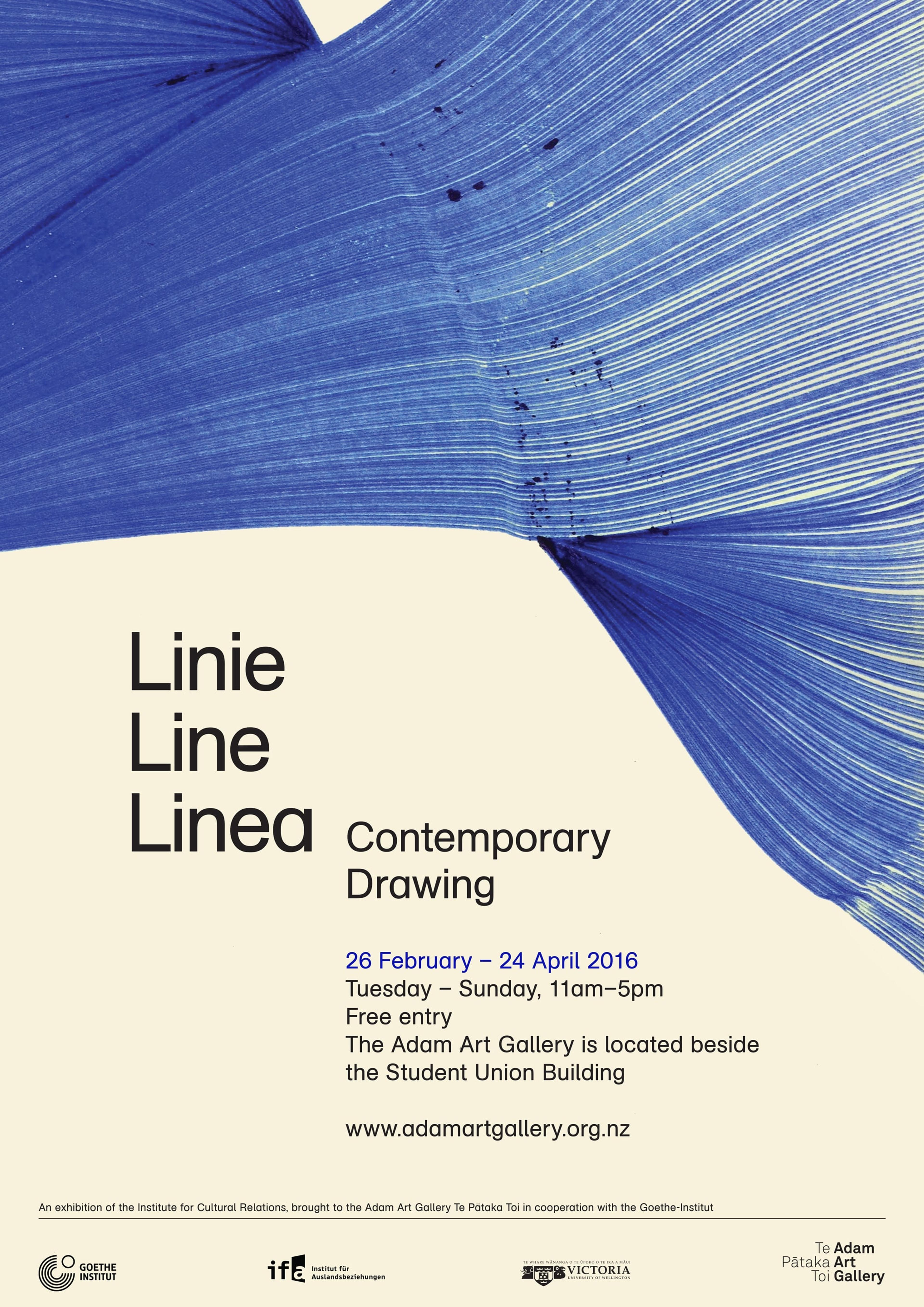 Poster for Linie Line Linea: Contemporary Drawing at the Adam Art Gallery Te Pātaka Toi, Victoria University of Wellington