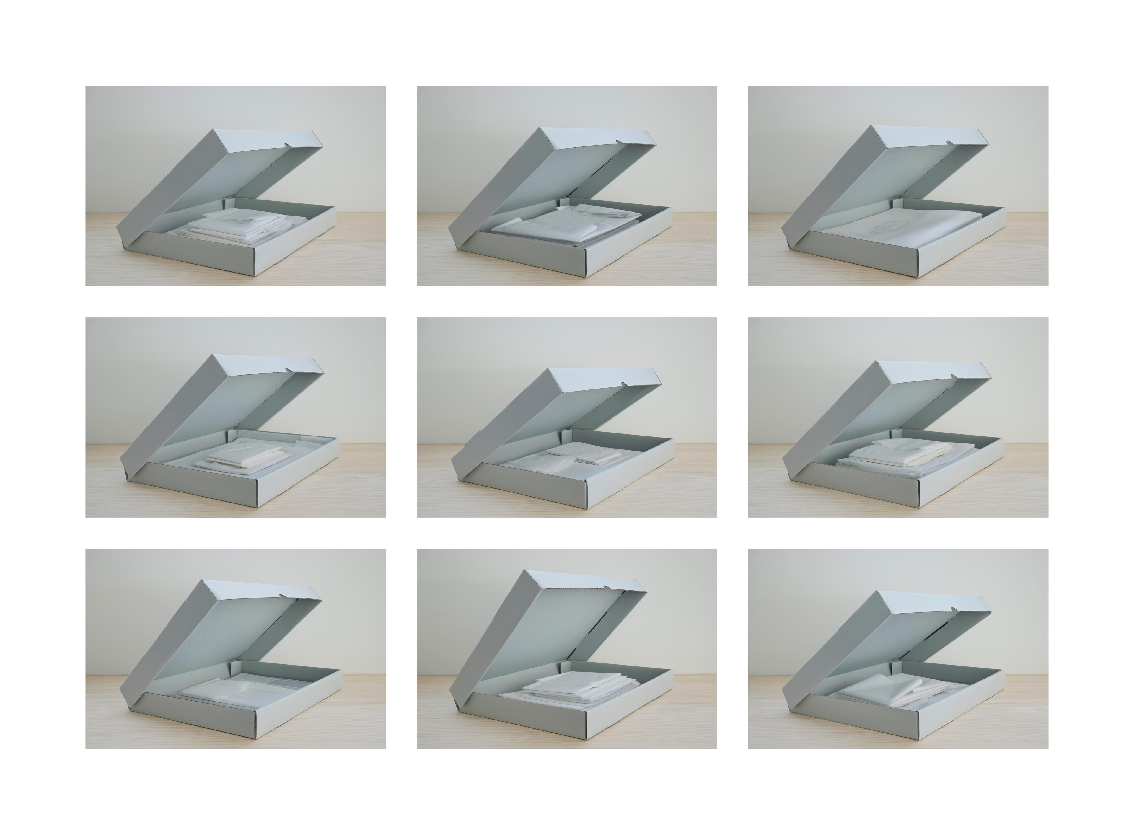 Grid of 9 photographs showing different archive boxes with lids open revealing various wrapped paper based contents