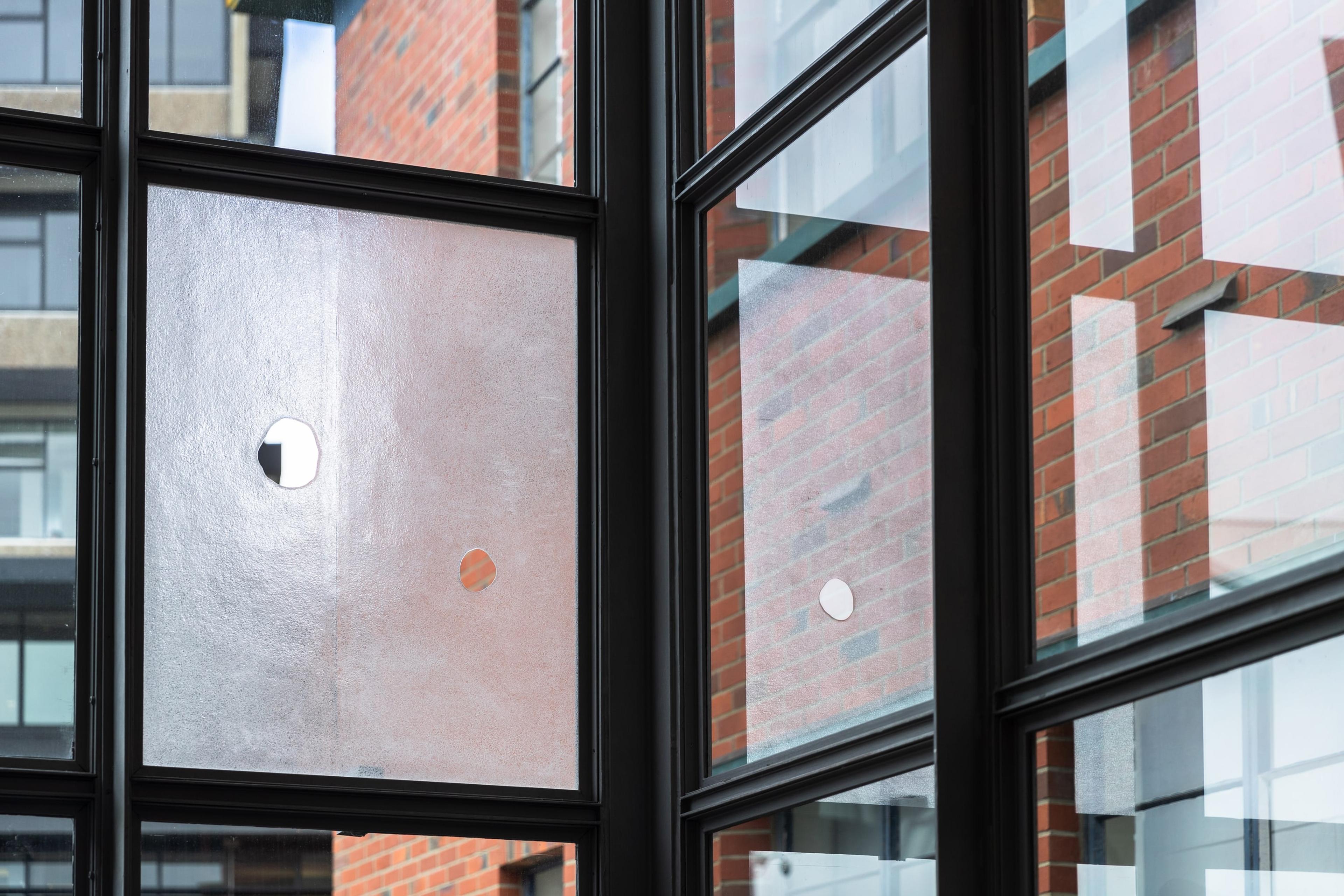 A grid of clear reflective windows, with one section replaced with frosted glass that has two round holes in it.