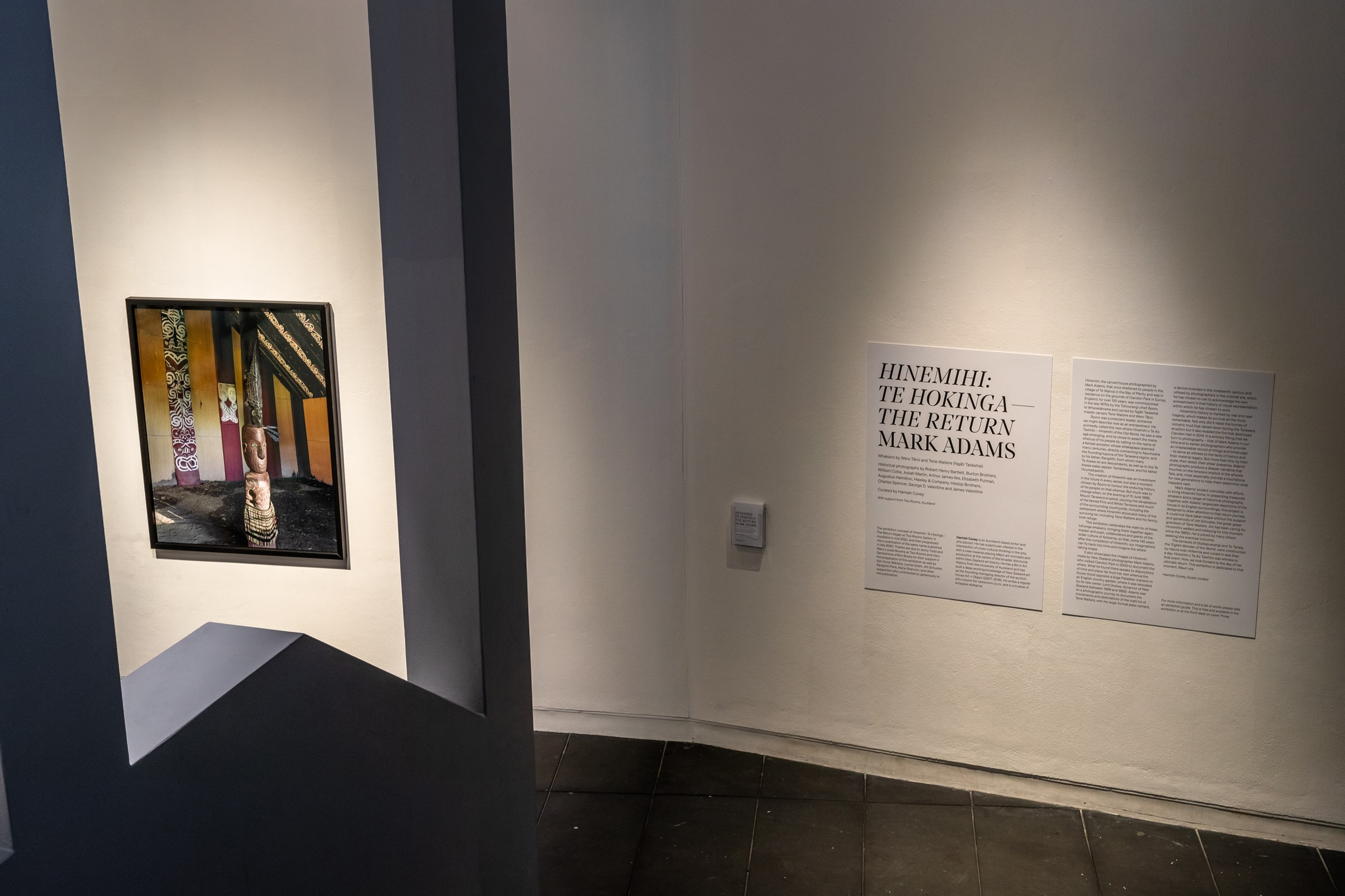 Installation view, Mark Adams, Hinemihi: Te Hokinga-The Return, in Tēnei Ao Tūroa – This Enduring World, Te Pātaka Toi Adam Art Gallery. Photo: Ted Whitaker 