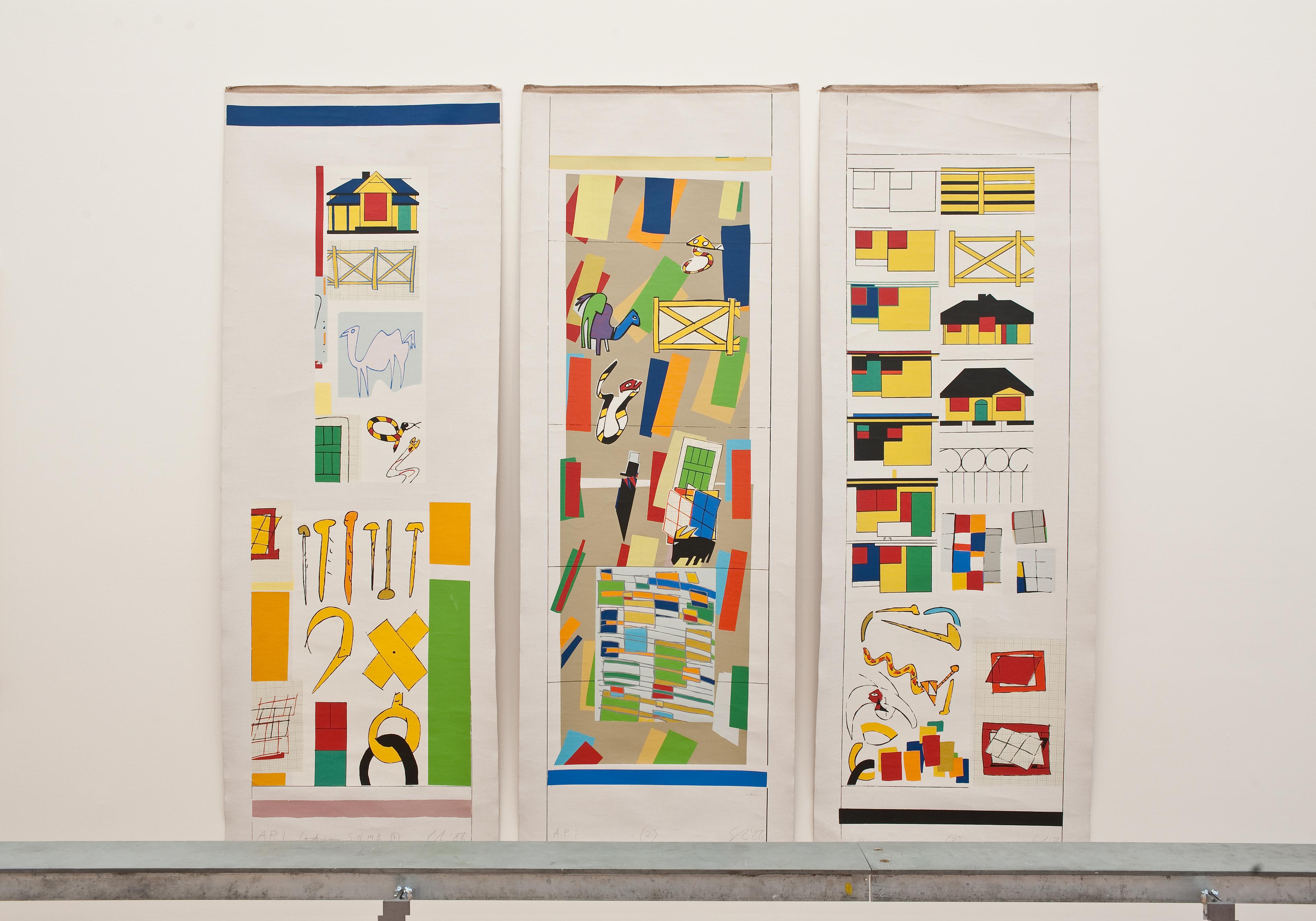 Gordon Crook, Code-name S.N.M.B. (1986). 23-29 colour screenprint on canvas, three parts, A/P, edition of 8. Design: Gordon Crook; Printing: Chris McBride and Dave Kent. Photo: Robert Cross.