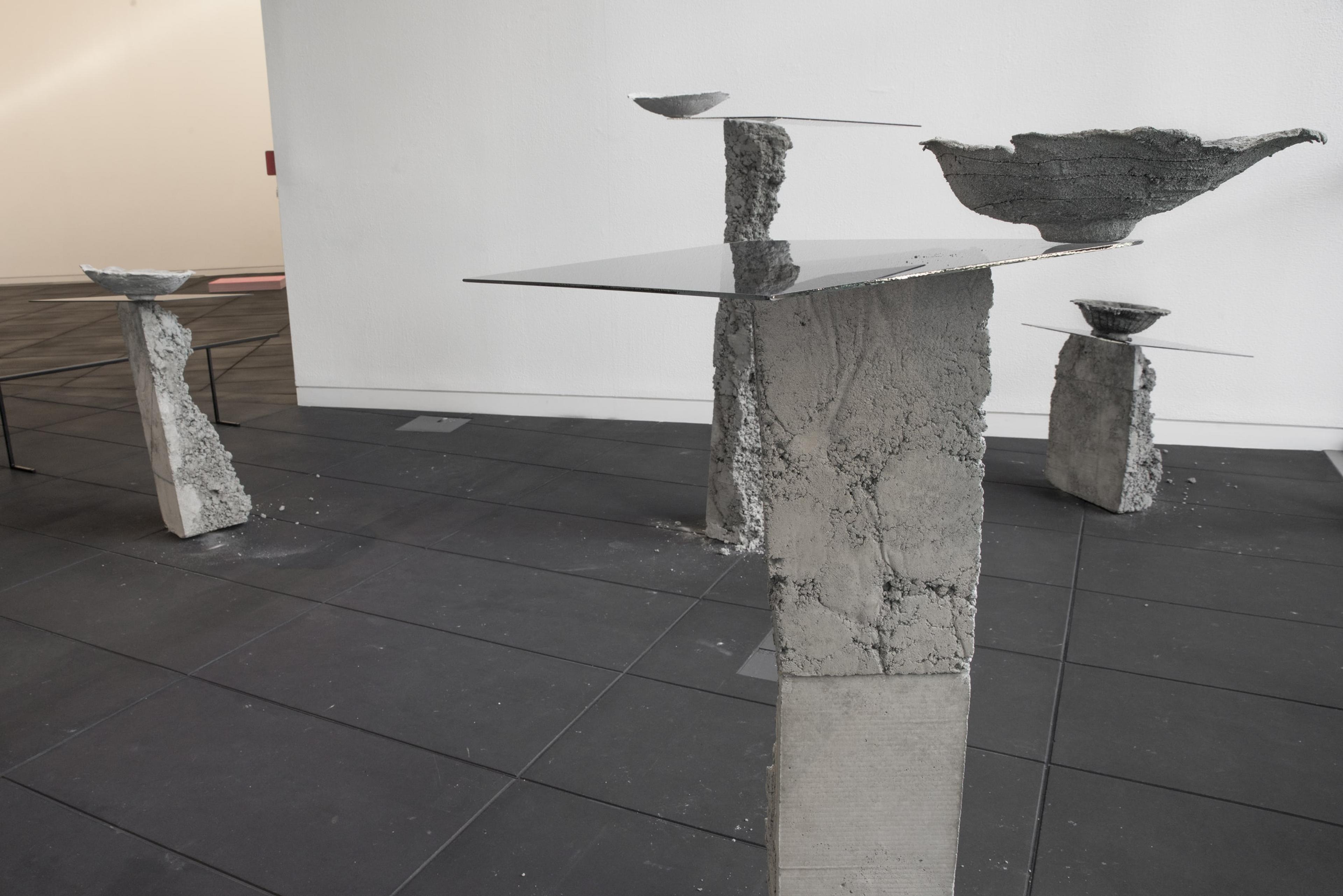 Isabella Loudon, please water the sculptures, with care, 2017, concrete, sand, glass. Courtesy of the artist. On view in the exhibition The Tomorrow People, Adam Art Gallery Te Pātaka Toi, 22 July – 1 October 2017, photo: Shaun Matthews