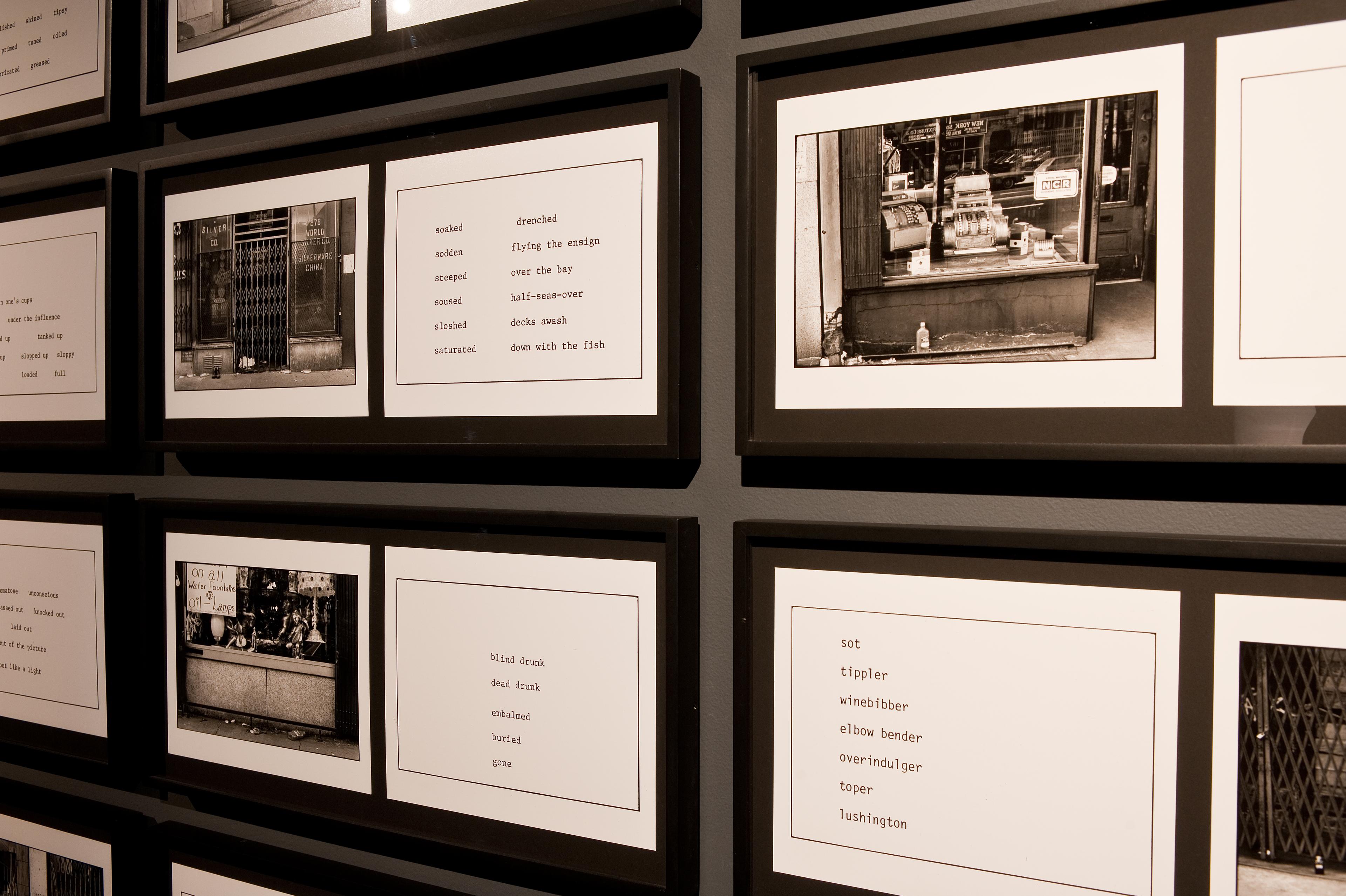 Martha Rosler, The Bowery in Two Inadequate Descriptive Systems, 1974-75, Series of 45 gelatin silver prints of text and images on 24 backing boards. Installation view, Martha Rosler: The Bowery in Two Inadequate Descriptive Systems, Adam Art Gallery Te Pātaka Toi, Victoria University of Wellington. Photo: Robert Cross