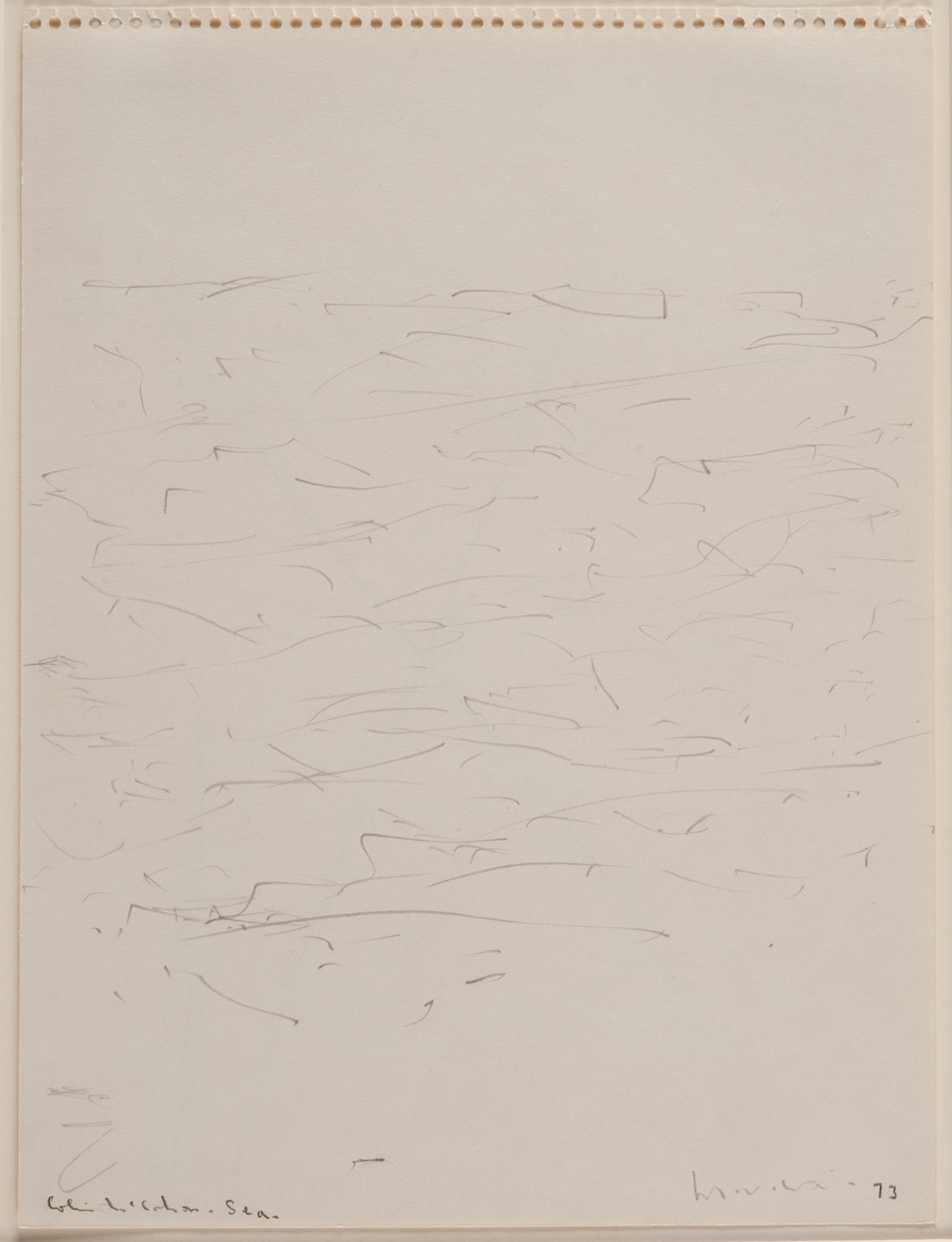 Colin McCahon, Sea, Muriwai, 1973. Pencil on paper, one of nine, 306 x 228mm. Courtesy of Auckland Art Gallery Toi o Tāmaki, on loan from a private collection.