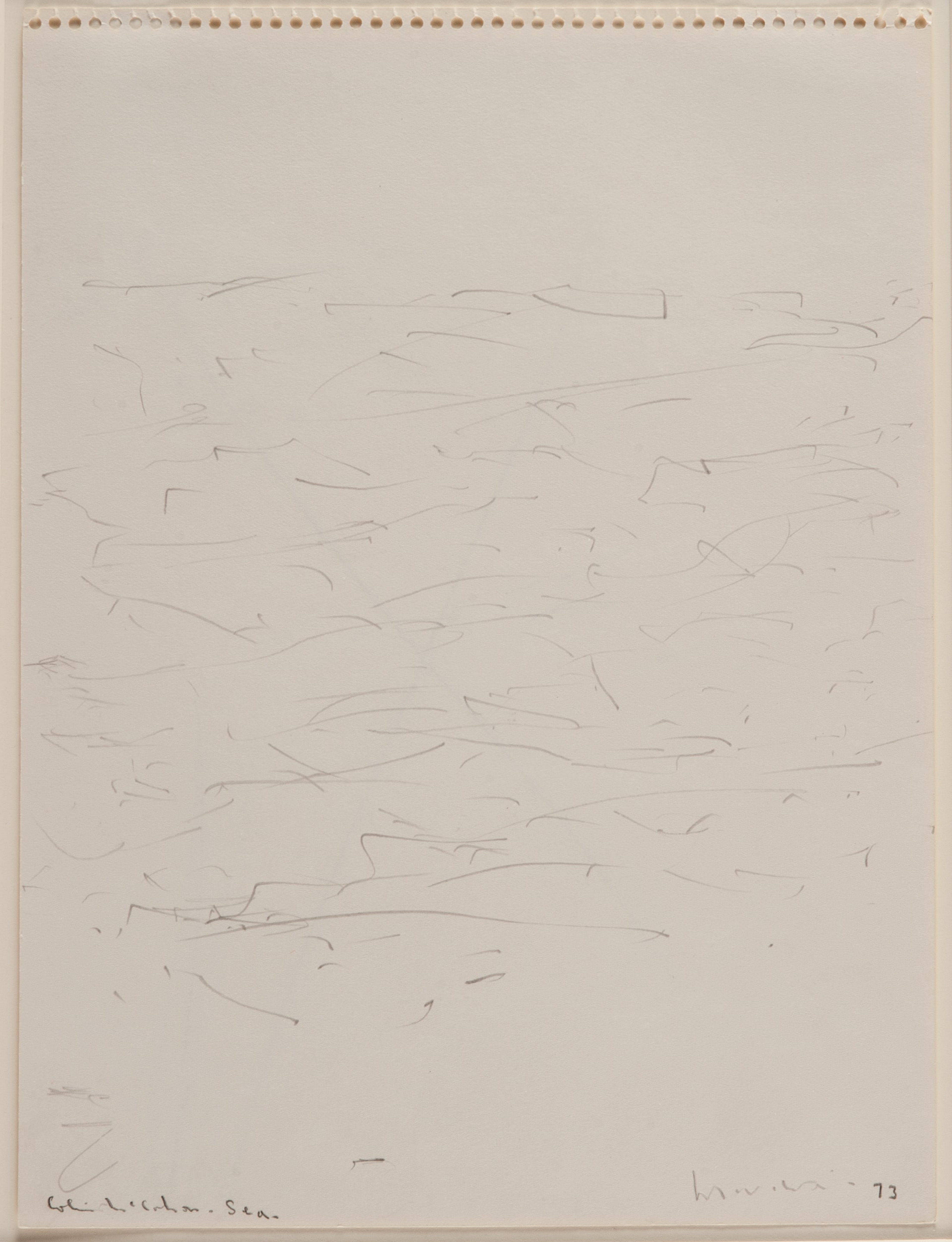 Colin McCahon, Sea, Muriwai, 1973. Pencil on paper, one of nine, 306 x 228mm. Courtesy of Auckland Art Gallery Toi o Tāmaki, on loan from a private collection.