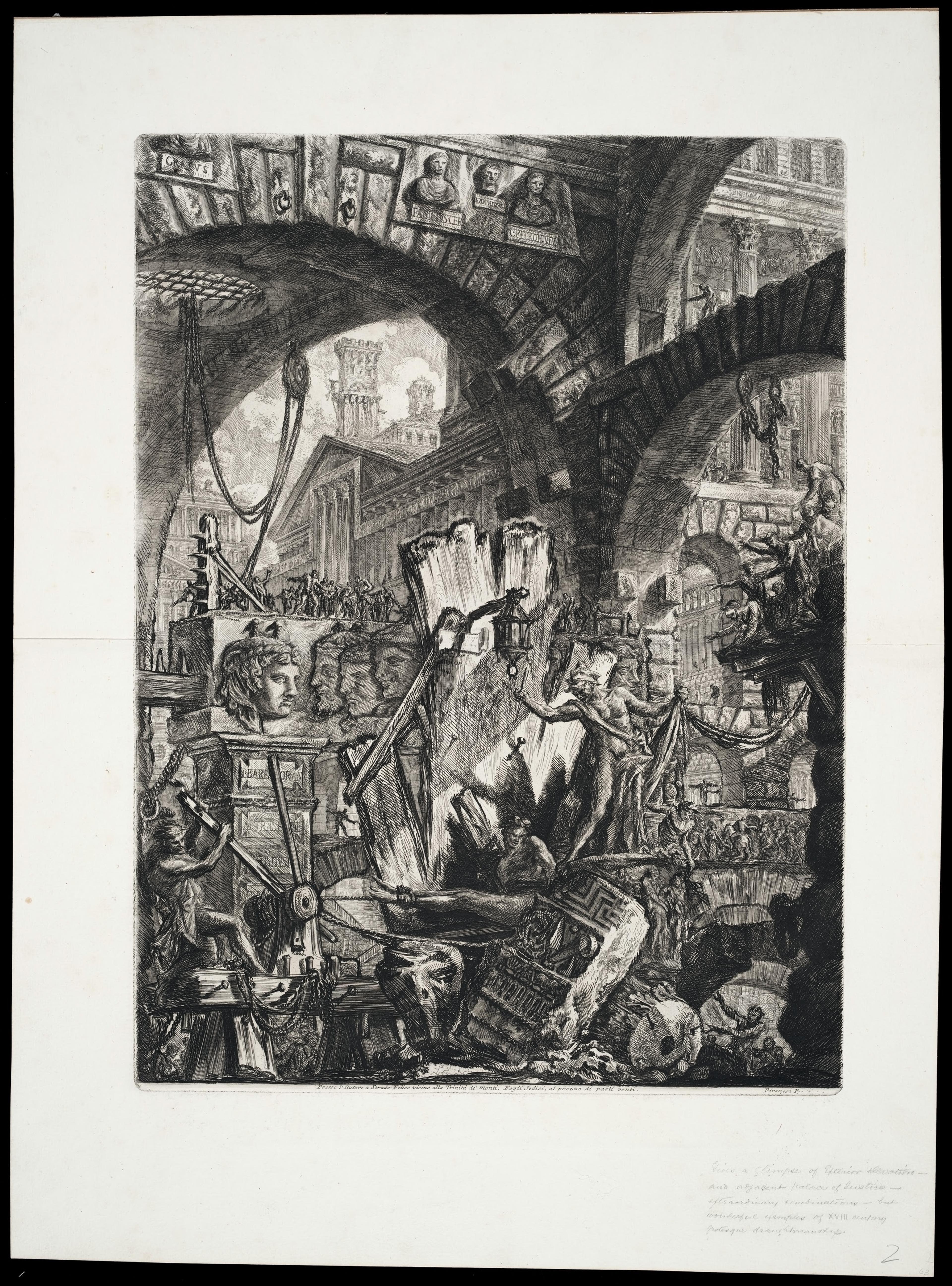 G.B. Piranesi, Carceri d'invenzione, plate 2 (the man on the rack), c. 1761, etching 547 x 413mm (Alexander Turnbull Library, reference C-091-026)