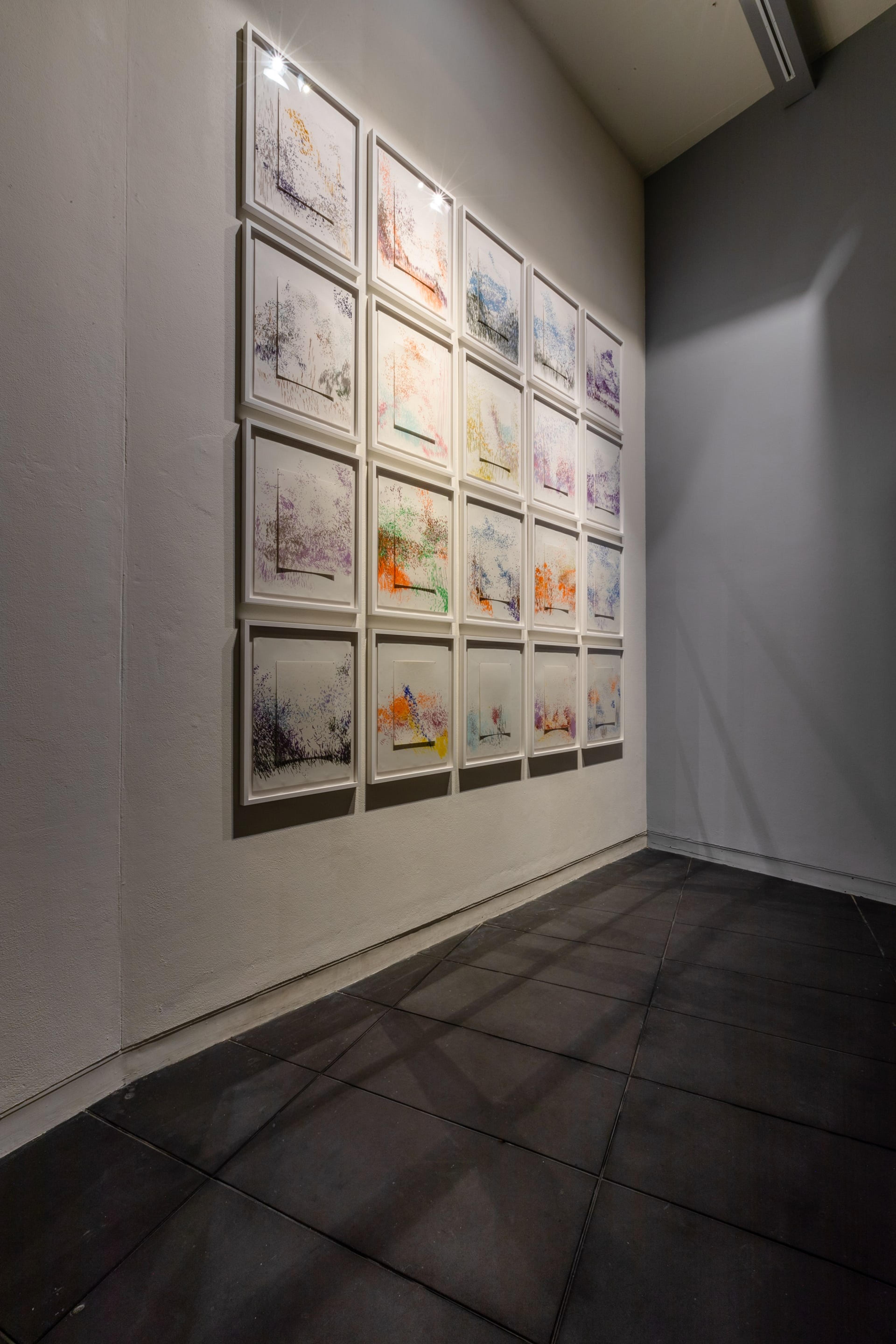 Installation view, Light Language 1-21 (2017) in Energy Work: Kathy Barry/Sarah Smuts Kennedy, Te Pātaka Toi Adam Art Gallery, Victoria University of Wellington. Photo: Ted Whitaker