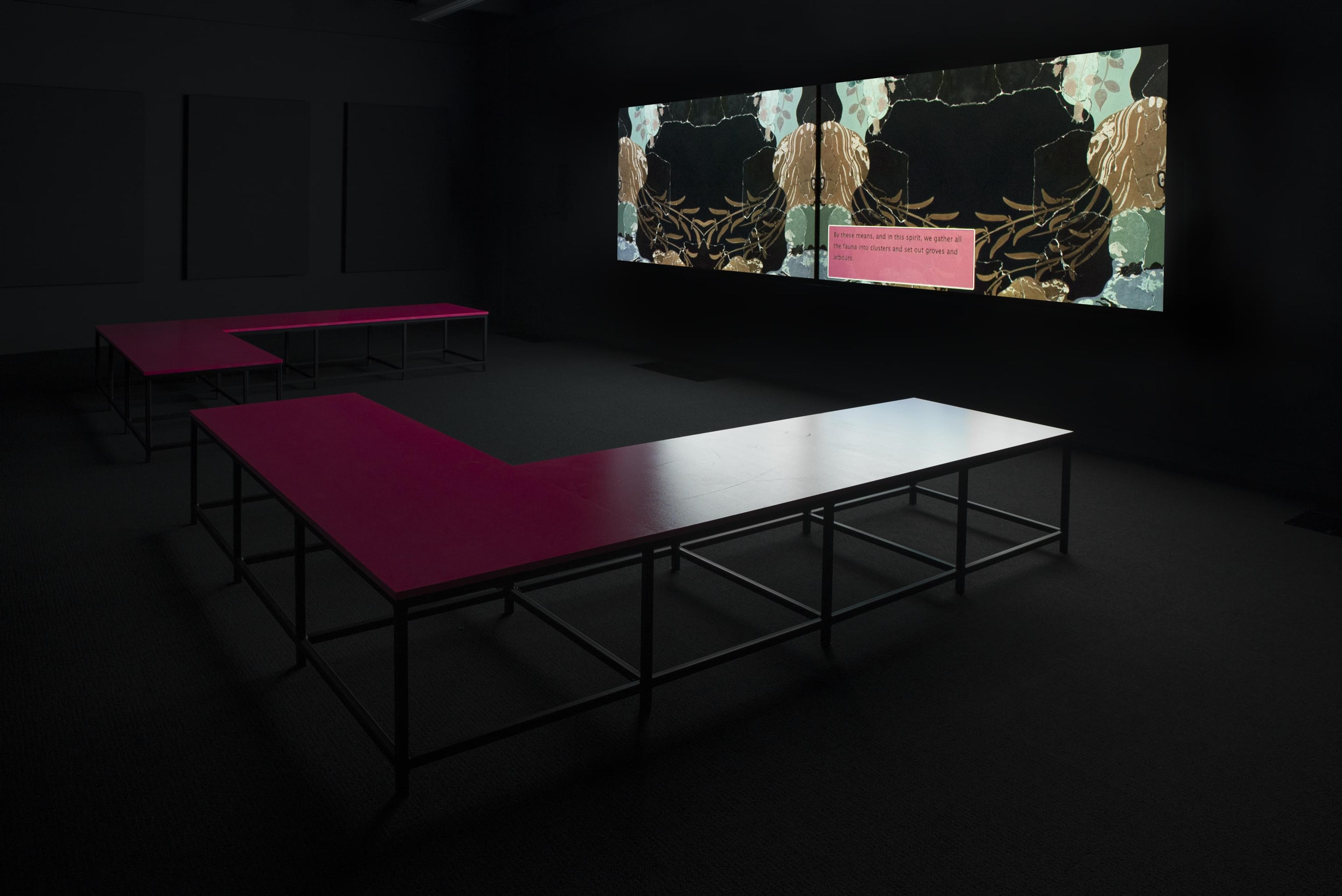 Elizabeth Price, A RESTORATION, 2016, two screen video installation, 18 min 36 sec. Courtesy of the artist. Installation view, Adam Art Gallery Te Pātaka Toi, Victoria University of Wellington, 21 February – 15 April 2018