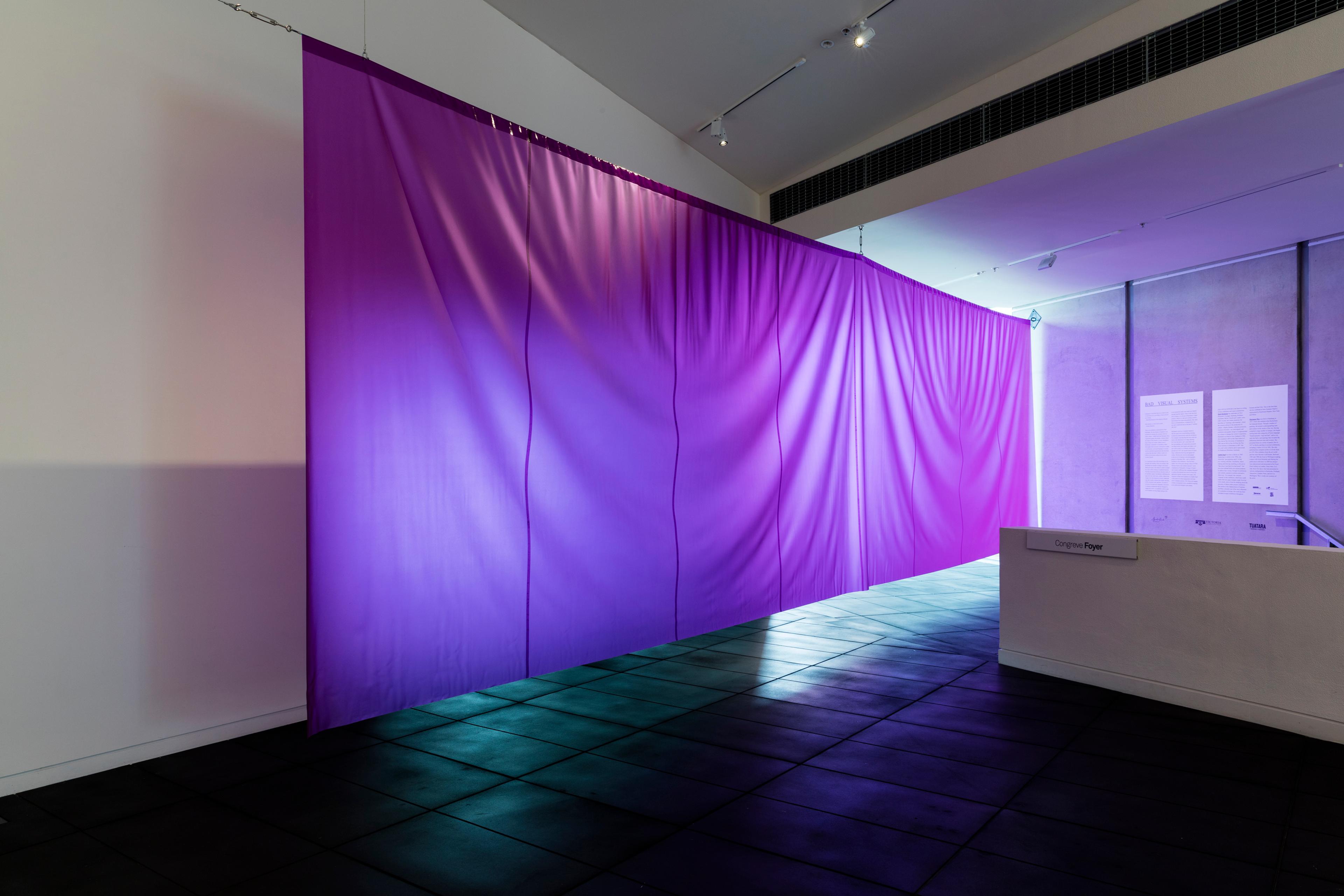 Installation view of BAD VISUAL SYSTEMS: Ruth Buchanan, Judith Hopf, Marianne Wex, Adam Art Gallery Te Pātaka Toi, Victoria University of Wellington, 2016. Photo: Shaun Waugh