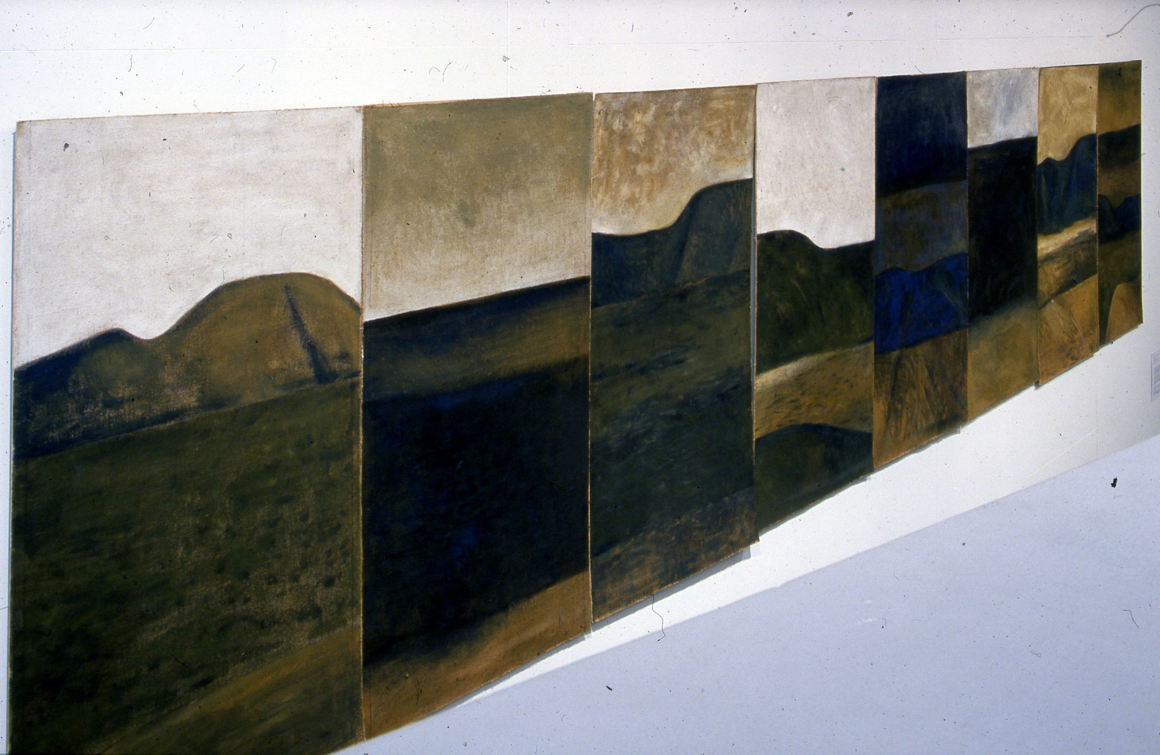 Colin McCahon, Landscape theme and variations: Series B, 1963, oil on hessian, 1765 x 7225mm overall; each panel 760 x 900mm (irreg.), Collection of Creative New Zealand. Installation view, An Artist and a Scientist, Adam Art Gallery Te Pātaka Toi, Victoria University of Wellington, 2000