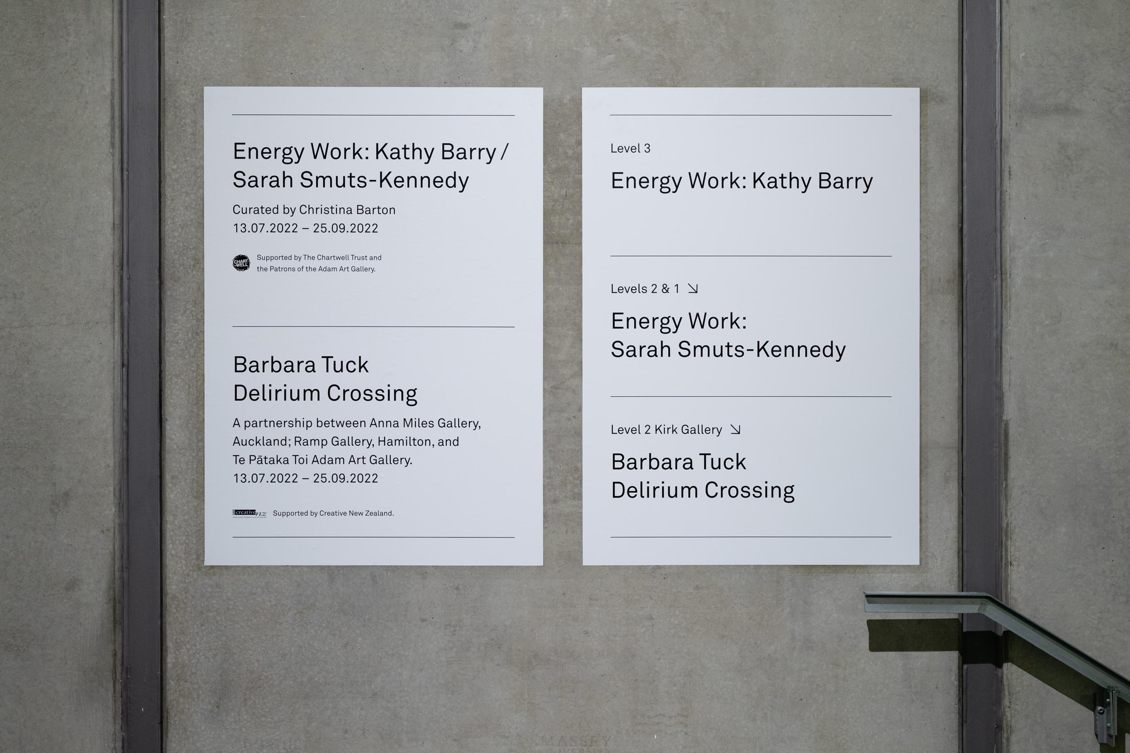Installation view, Energy Work: Kathy Barry/Sarah Smuts Kennedy, Te Pātaka Toi Adam Art Gallery, Victoria University of Wellington. Photo: Ted Whitaker.