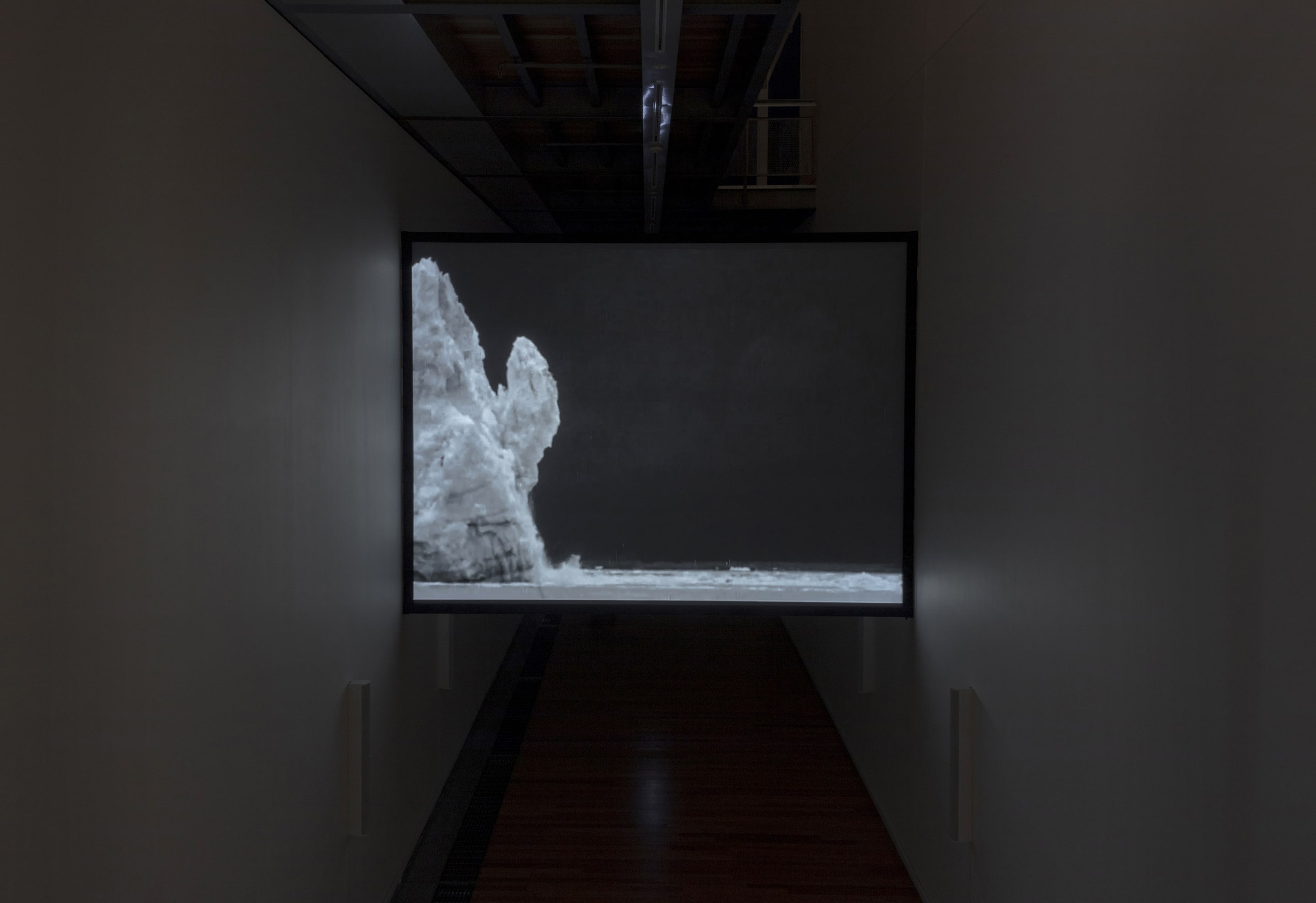 Susan Philipsz, White Flood, 2019, 12-channel sound installation and HD film, 15 minutes. Courtesy of the artist, Tanya Bonakdar Gallery, New York and Galerie Isabella Bortolozzi, Berlin. Installation view, Passages: Luke Fowler, Florian Hecker, Susan Philipsz, curated by Stephen Cleland, Adam Art Gallery Te Pātaka Toi, Victoria University of Wellington, 2019. Photo: Shaun Waugh.