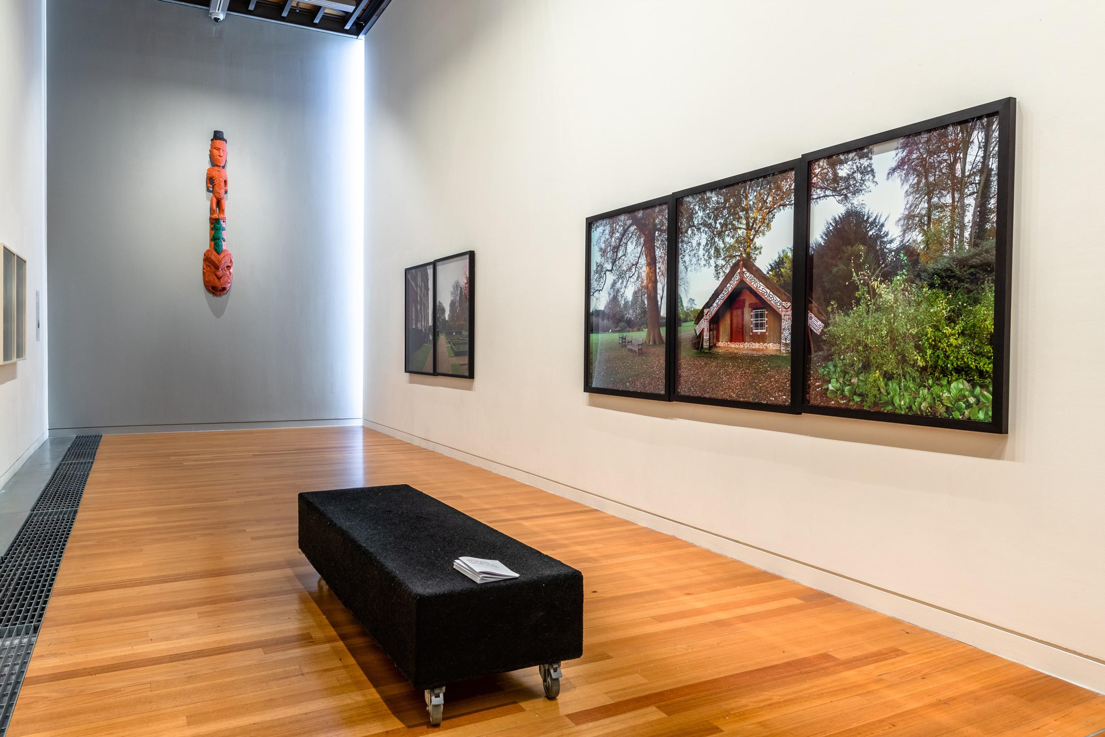 Installation view, Mark Adams, Hinemihi: Te Hokinga-The Return, in Tēnei Ao Tūroa – This Enduring World, Te Pātaka Toi Adam Art Gallery. Photo: Ted Whitaker