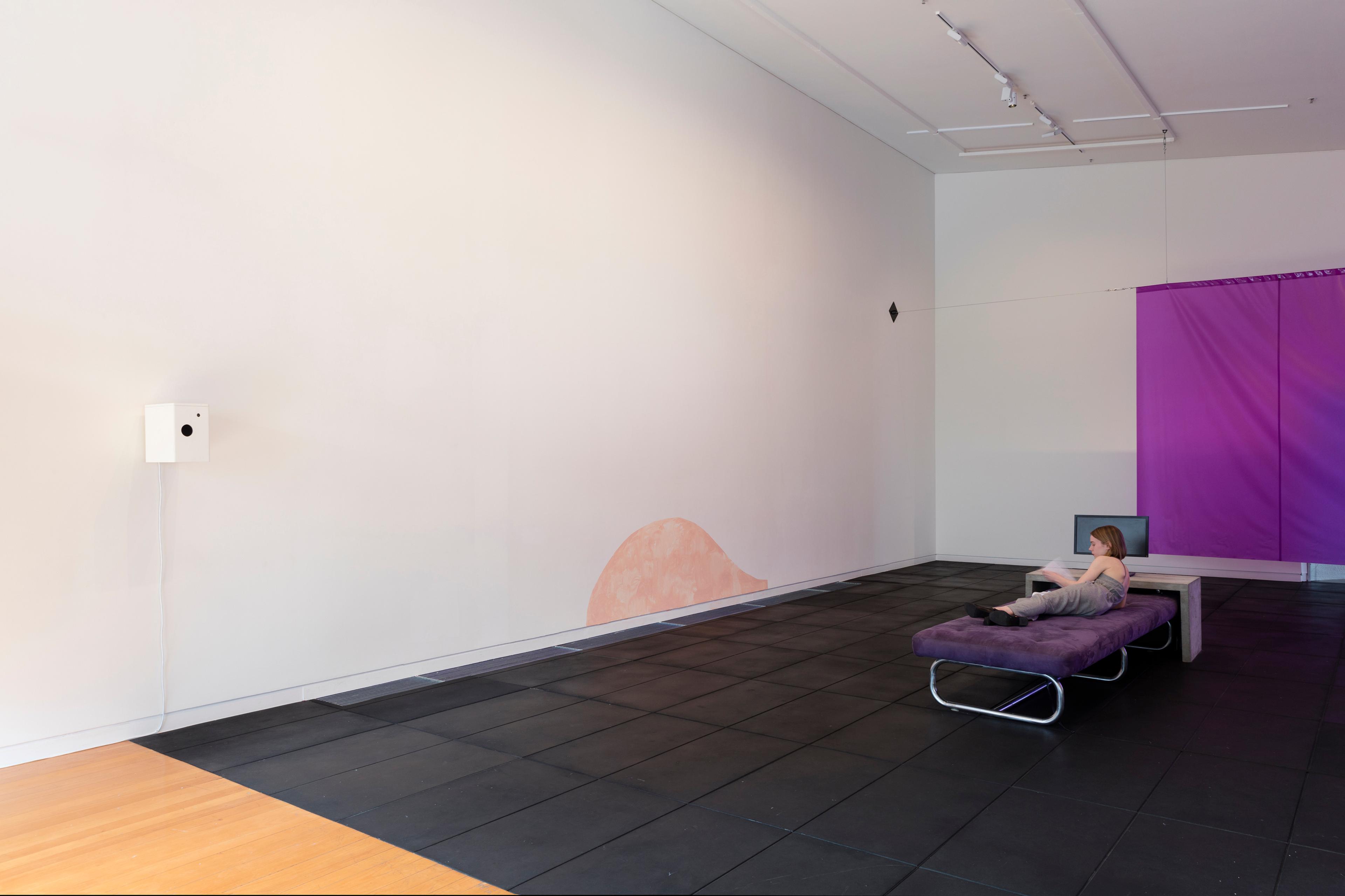 Installation view of BAD VISUAL SYSTEMS: Ruth Buchanan, Judith Hopf, Marianne Wex, Adam Art Gallery Te Pātaka Toi, Victoria University of Wellington, 2016. Photo: Shaun Waugh