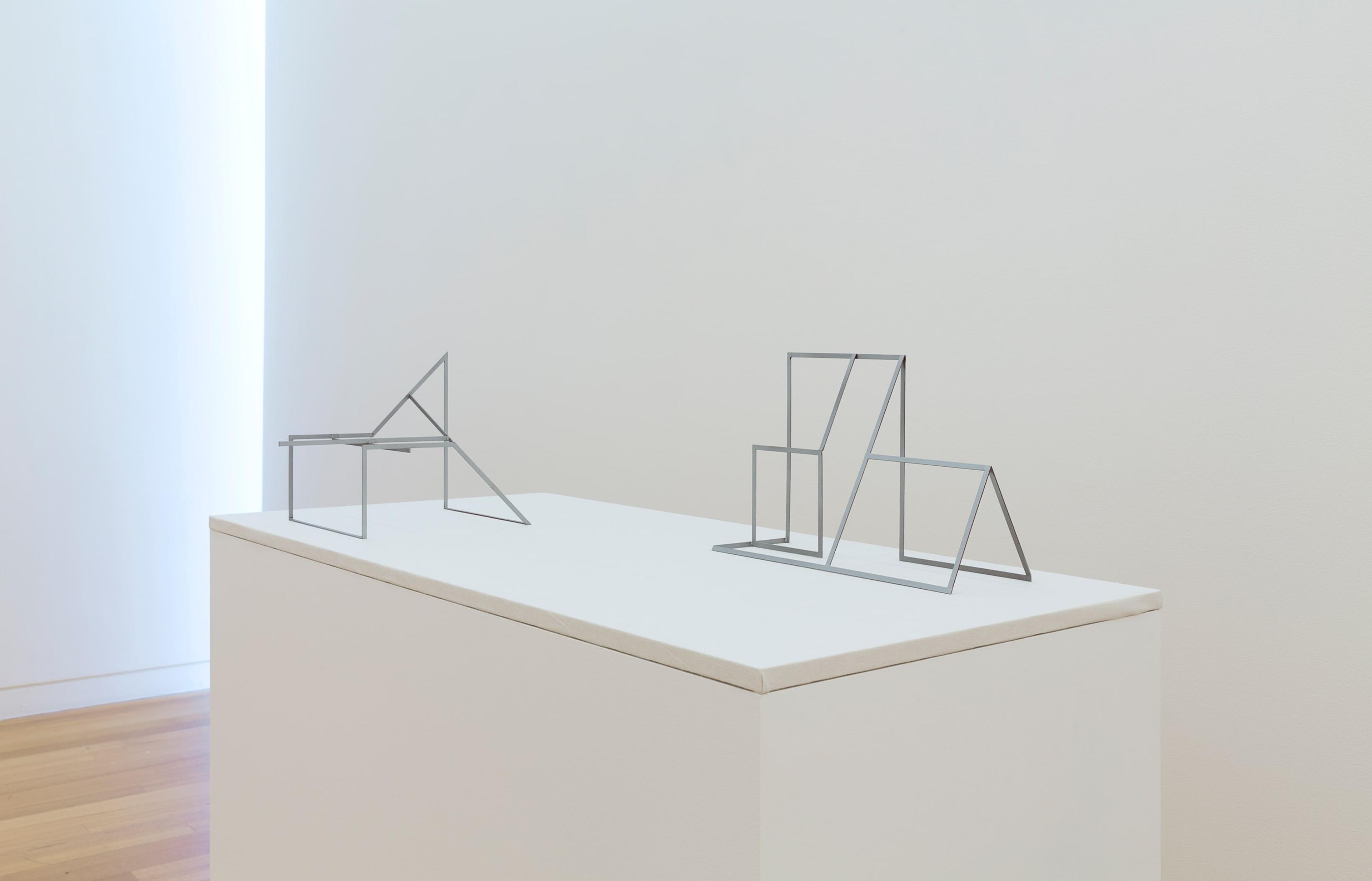 Installation view of John Panting: Spatial Constructions at the Adam Art Gallery, showing Untitled, circa 1972, mild steel and aluminium paint. Collection of Museum of New Zealand Te Papa Tongarewa. Photo: Shaun Waugh.