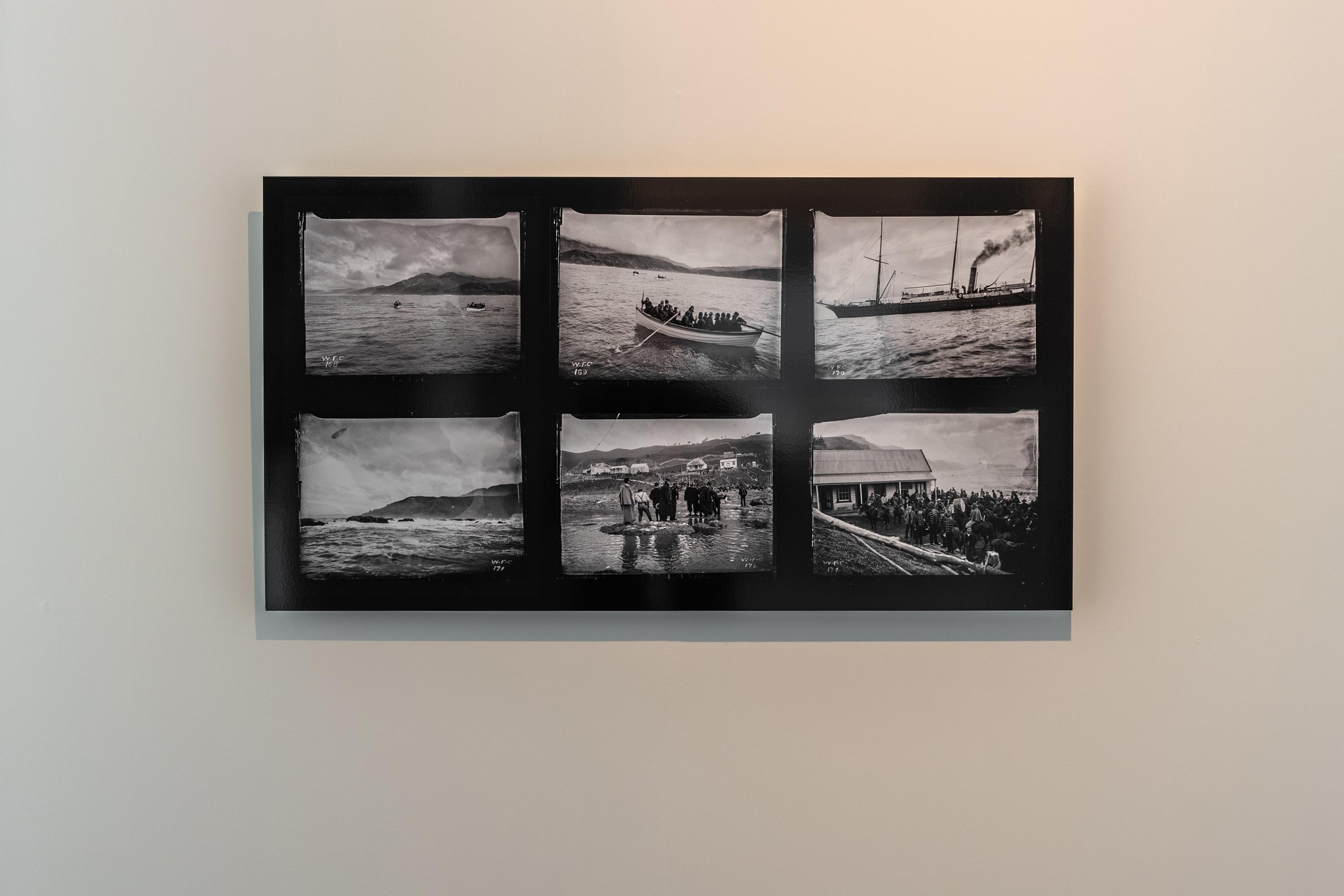 Natalie Robertson, Camera on the deck – the first known photographs of Port Awanui, 1897/2020, inkjet print, silver gloss paper, reprinted from the original glass plate negative by William Fitzgerald Crawford (1844–1915), courtesy of the artist and Tairāwhiti Museum, Gisborne. Installation view, Tēnei Ao Tūroa – This Enduring World, Te Pātaka Toi Adam Art Gallery, Victoria University Wellington. Photo: Ted Whitaker