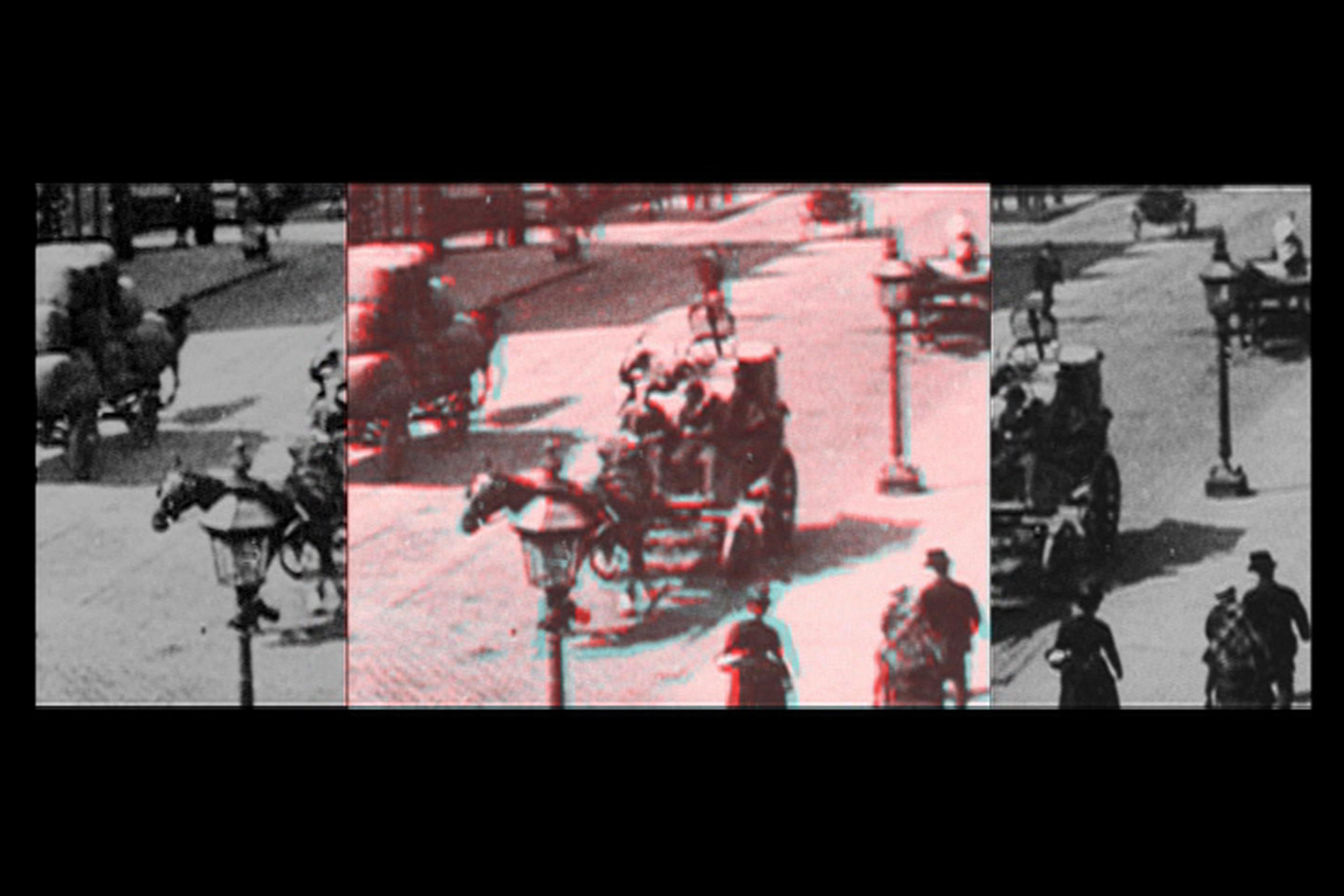 Ken Jacobs, film still from GIFT OF FIRE: NINETEEN (OBSCURE) FRAMES THAT CHANGED THE WORLD, 2007. Anaglyph 3D, archival material, color, sound, 27:30 min. Courtesy the artist.
