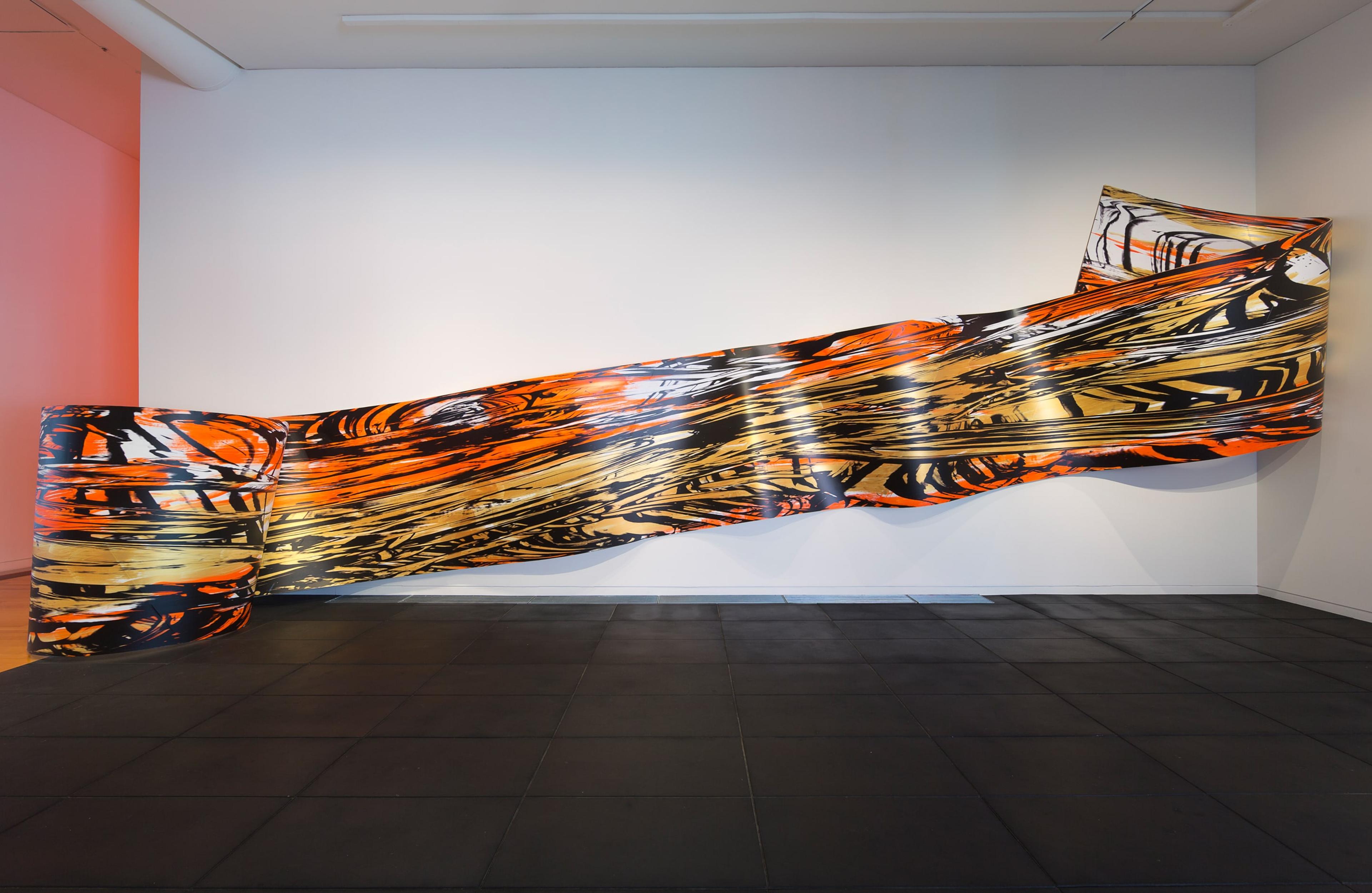 Judy Millar, installation view of Space Work 7, 2014. Wood, paint, digital print, 11.1 x 4.3 meters. Courtesy of the artist, Gow Langsford, Auckland and the Adam Art Gallery. Photo: Shaun Waugh.