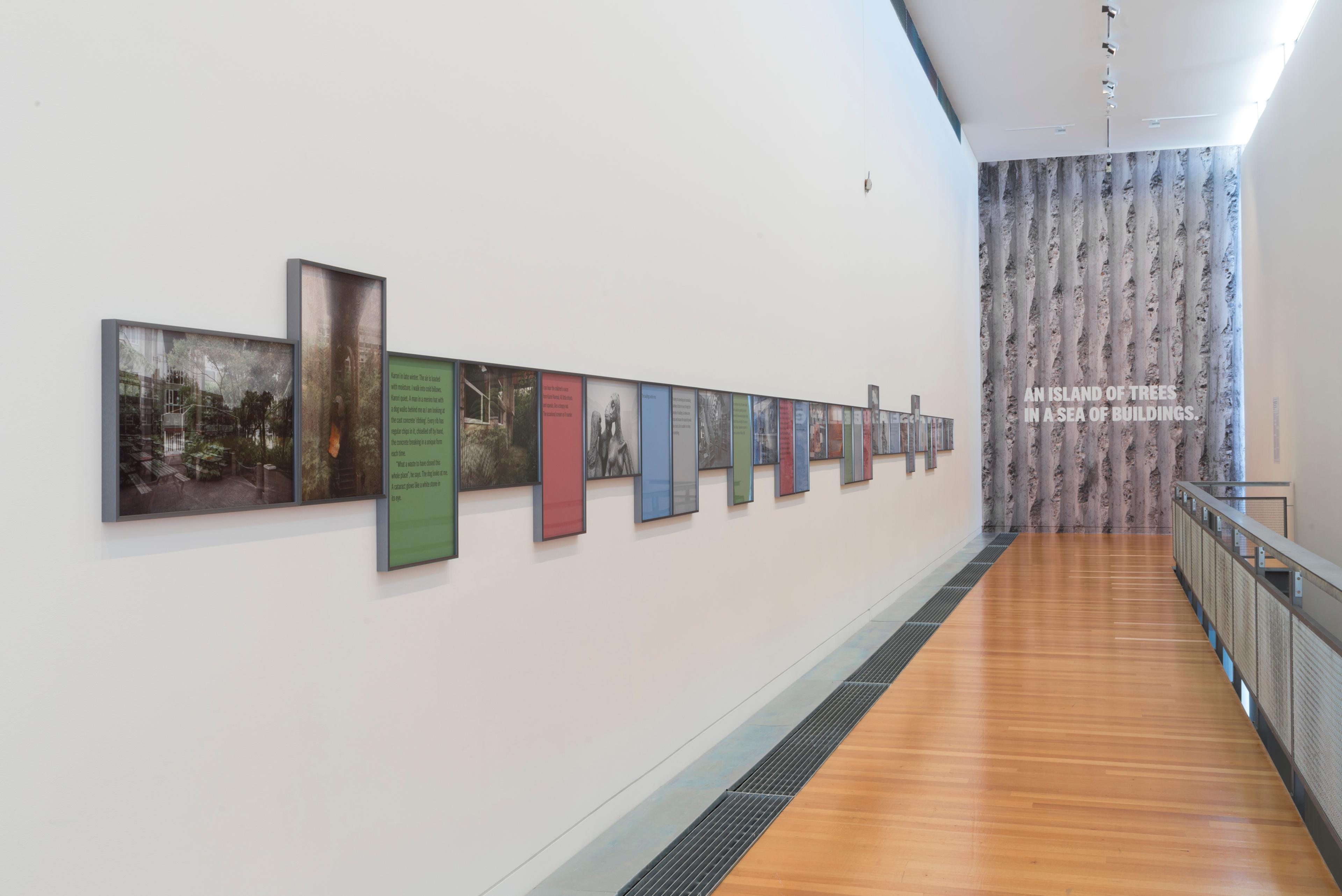 Installation view of Anna Sanderson, Gavin Hipkins, Philip Kelly, What Remains, The Karori Commission, 2017, 30 archival pigment prints, framed, Victoria University of Wellington Art Collection, commissioned 2017