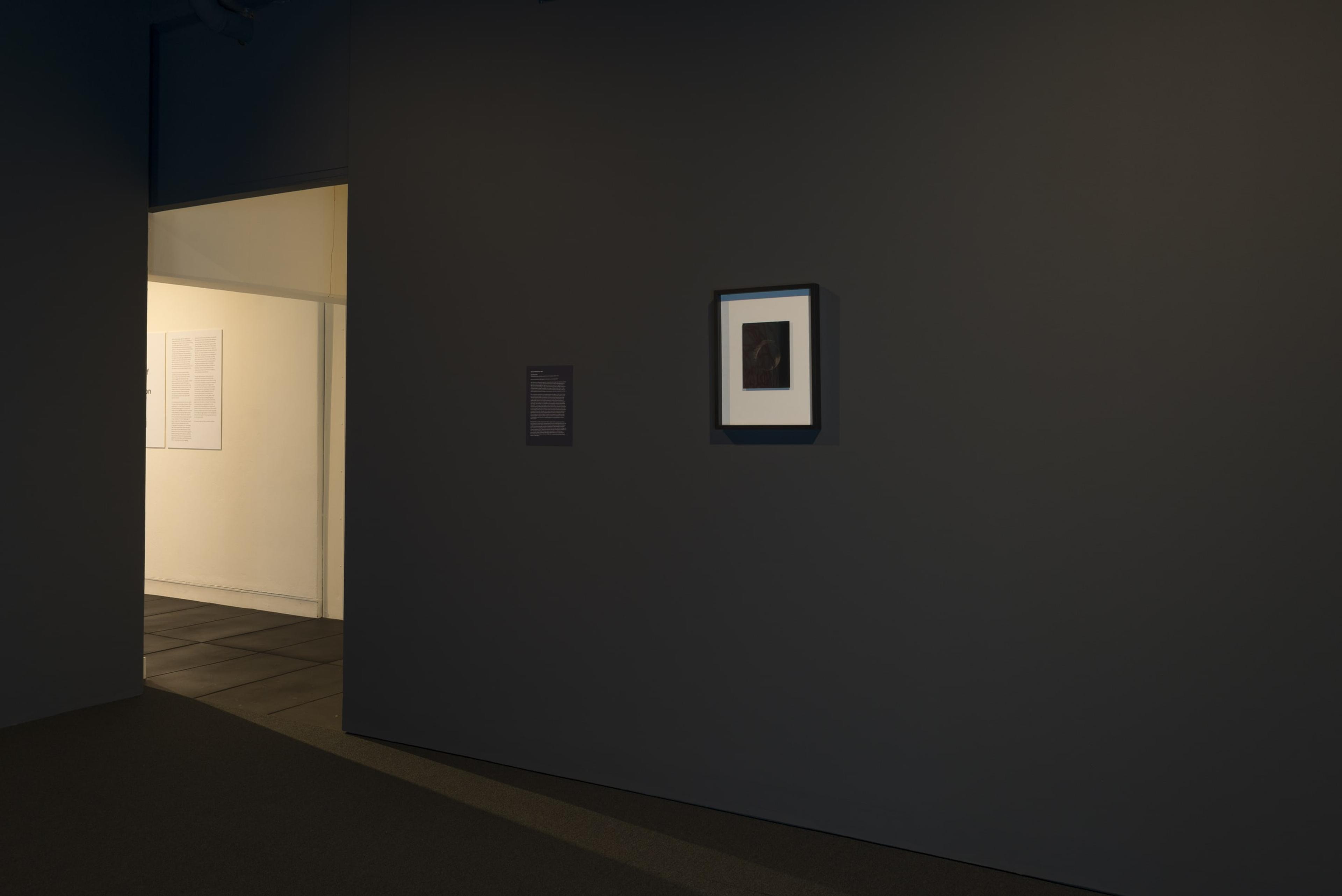 Installation view of Richard Frater, Not Titled, 2017, unique ambrotype (collodian positive print on glass), edition of 2, Victoria University of Wellington Art Collection, purchased 2017, in the exhibition Solid State: Works from the Victoria University of Wellington Art Collection, 6 October – 20 December 2018, Adam Art Gallery Te Pātaka Toi.