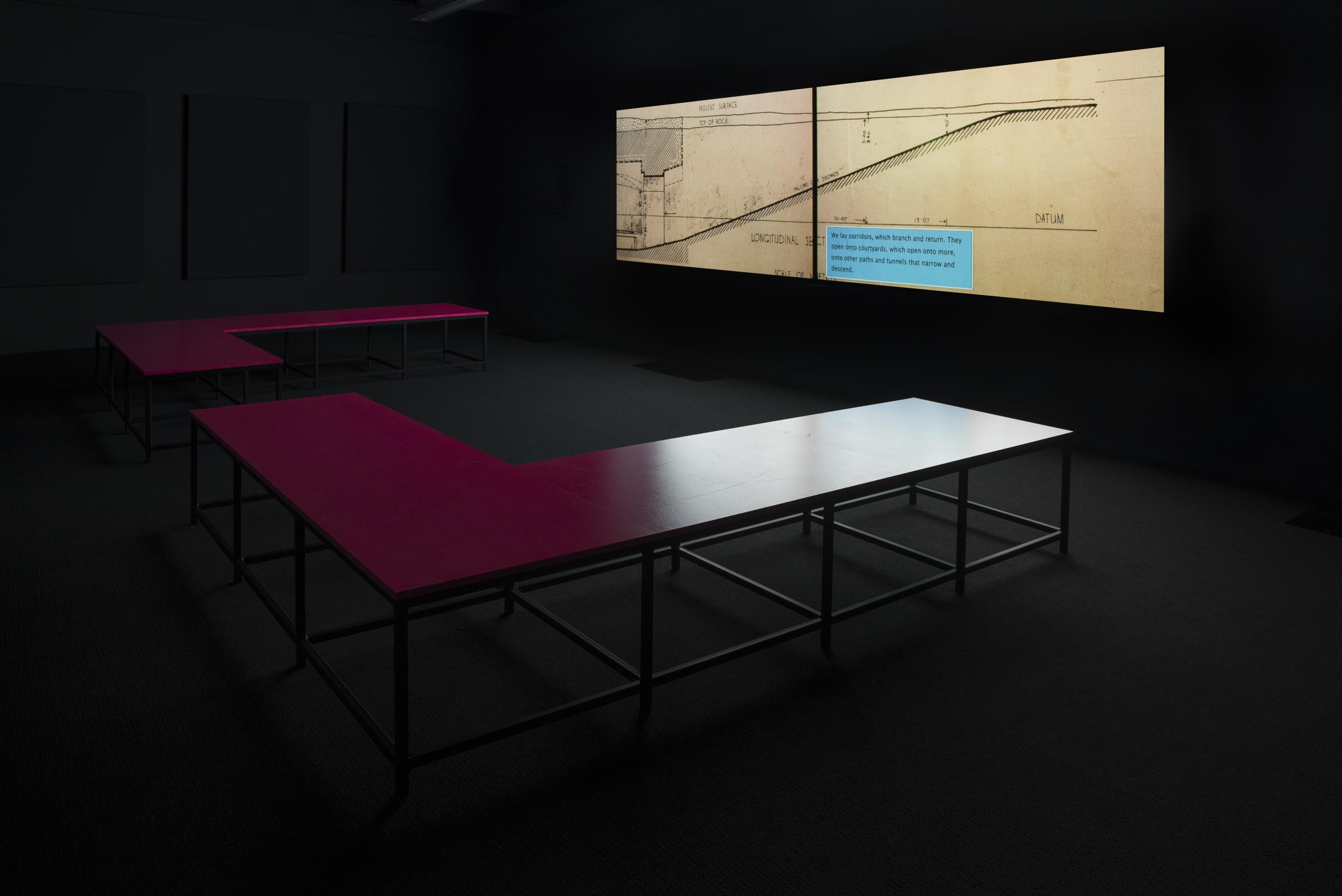 Elizabeth Price, A RESTORATION, 2016, two screen video installation, 18 min 36 sec. Courtesy of the artist. Installation view, Adam Art Gallery Te Pātaka Toi, Victoria University of Wellington, 21 February – 15 April, 2018