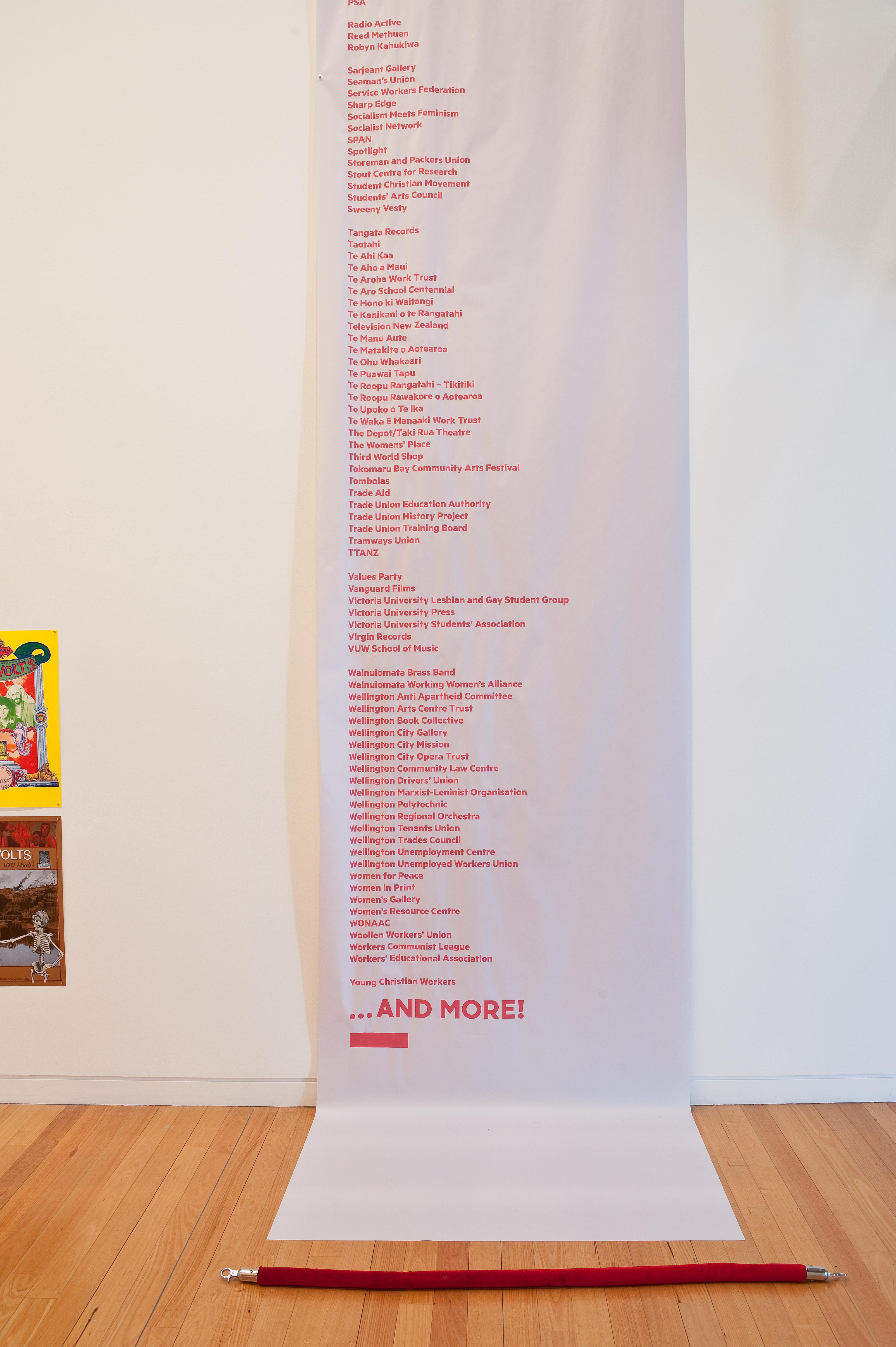 Installation view, We Will Work With You! Wellington Media Collective 1978-1998, Te Pātaka Toi Adam Art Gallery, Victoria University of Wellington. Photo: Robert Cross