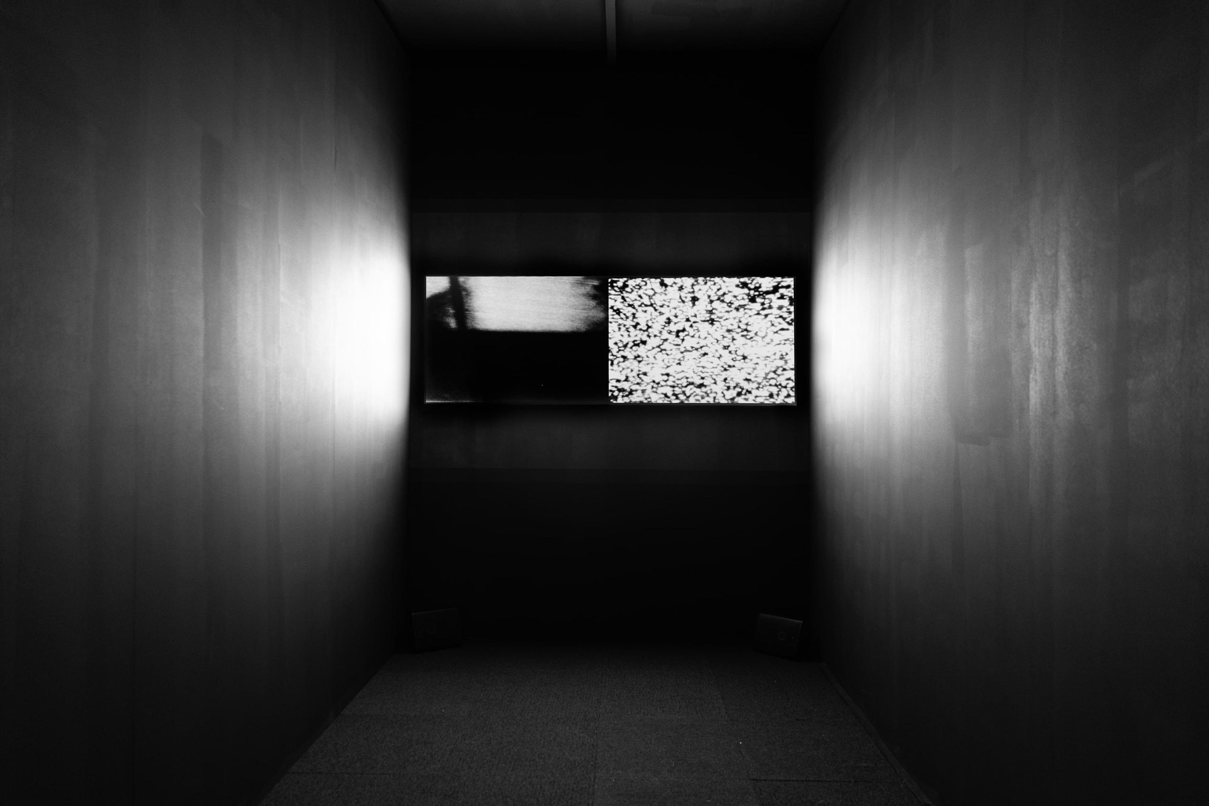 Aldo Tambellini, Black TV , 1968–69, 16mm film transferred to 4K single channel digital video, 10 mins, black and white/sound, courtesy of the artist’s estate and Light Cone, Paris. Installation view, Image Processors: Artists in the Medium – A Short History 1968–2020 , Te Pātaka Toi Adam Art Gallery, Victoria University of Wellington. Photo by Ted Whitaker.