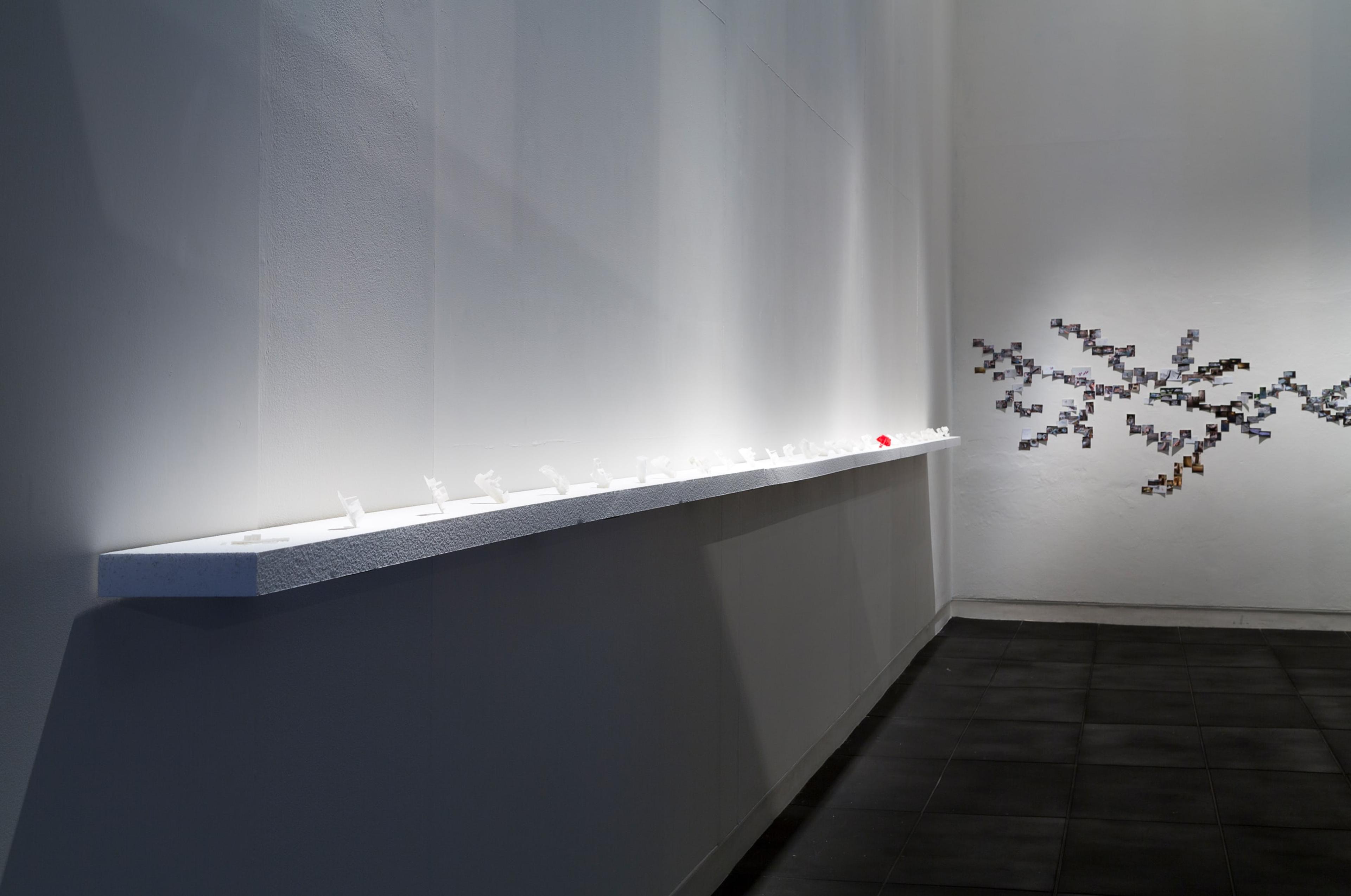 Simon Twose, detail view of Concrete Drawing, 2014-5, concrete, polystyrene, wax, photographs and graphite, in the exhibition Drawing Is/Not Building at the Adam Art Gallery Te Pātaka Toi, Victoria University of Wellington (photo: Shaun Waugh)