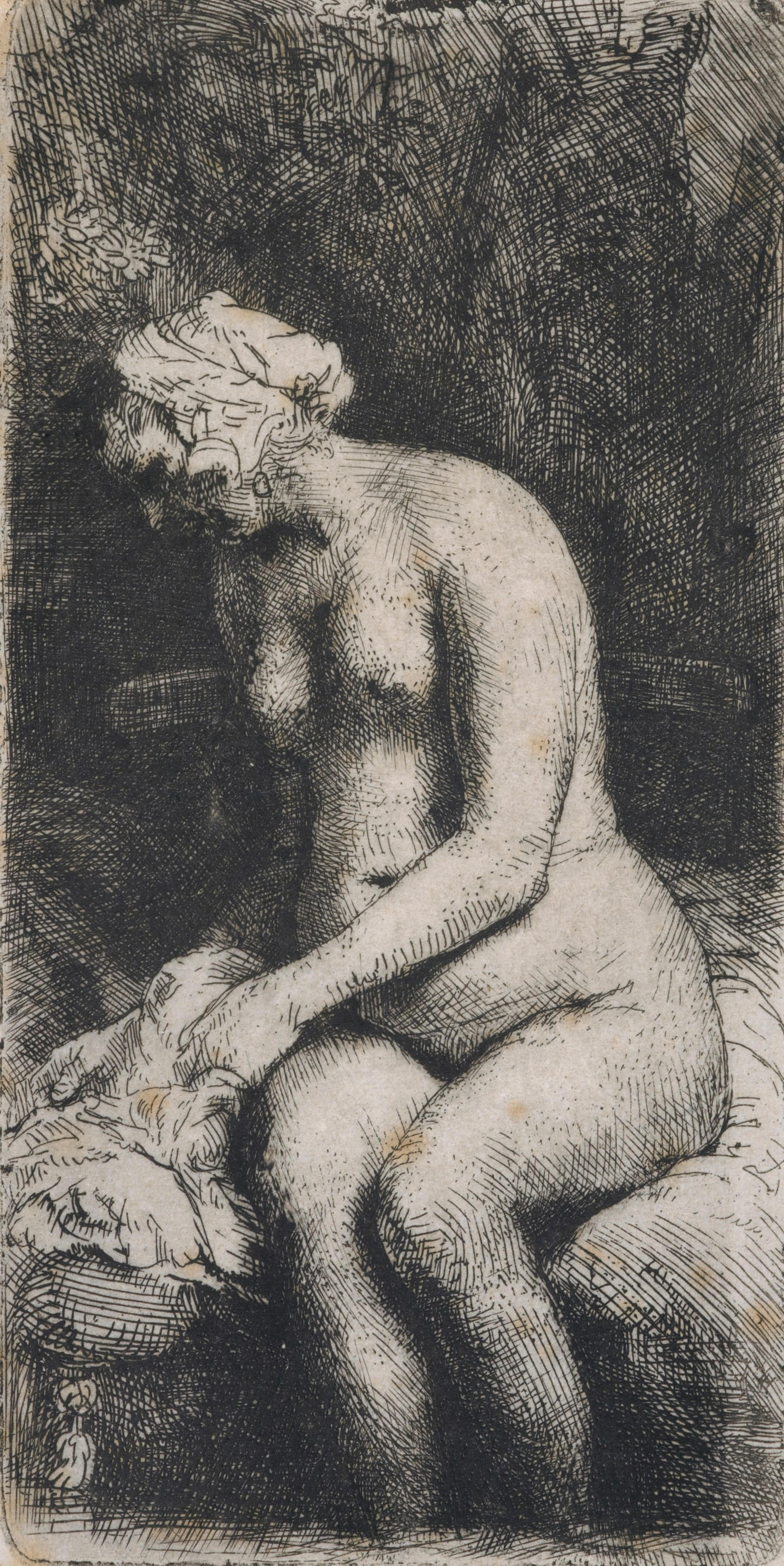 Rembrandt Harmensz van Rijn, Woman bathing her feet at a brook 1658, etching, Museum of New Zealand Te Papa Tongarewa, Gift of Sir John Ilott, 1952