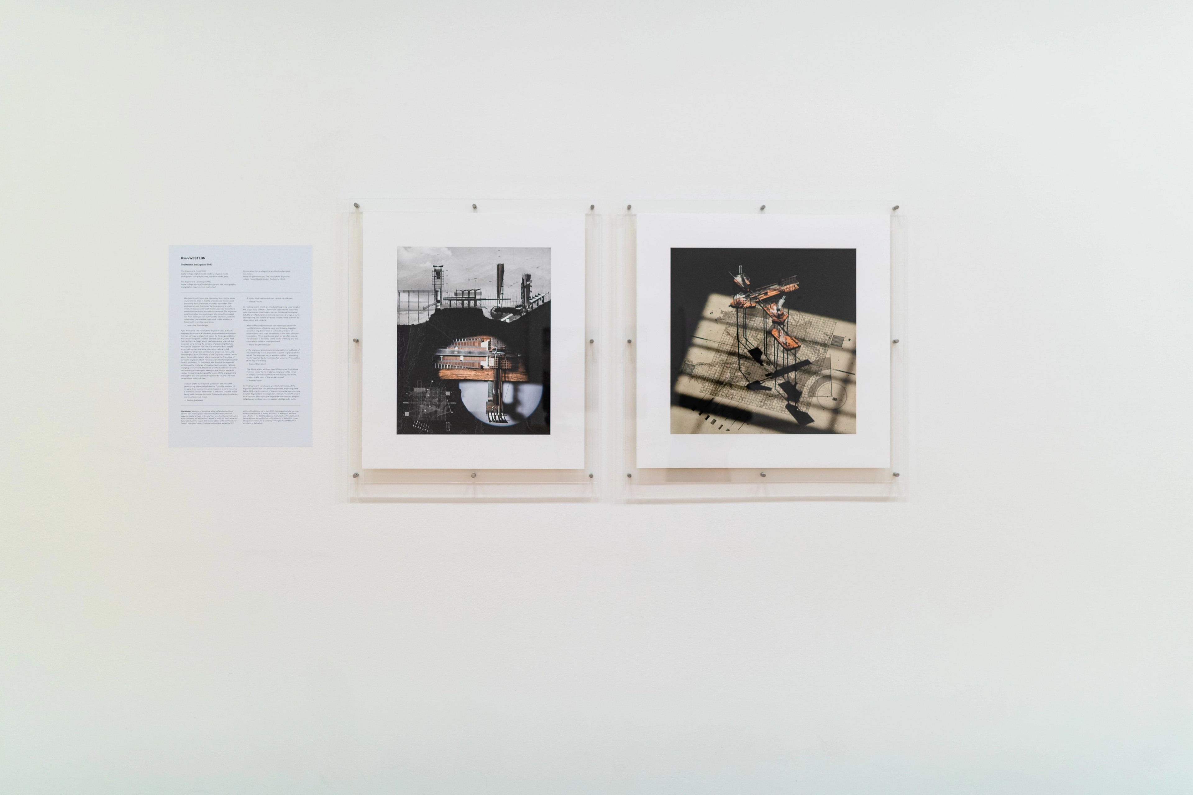 Straight on view of a gallery wall with text and square architectural images in perspex mounts. Daniel K. Brown