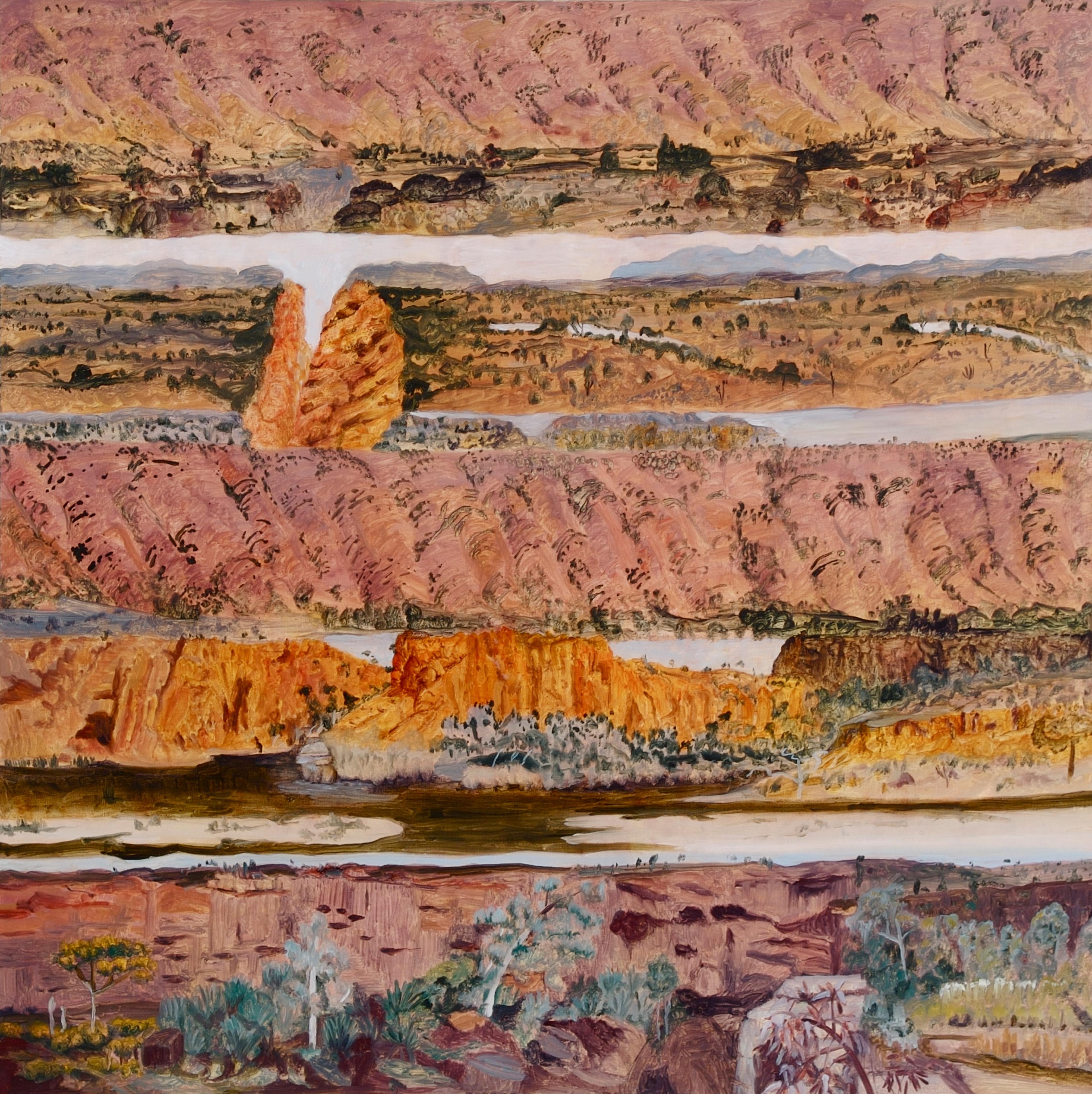 Barbara Tuck, Caterpillar Chemistry, 2012, oil on board, 800 x 800mm. Installation view, Barbara Tuck – Delirium Crossing, Te Pātaka Toi Adam Art Gallery, Wellington, Victoria University of Wellington. Photo by Ted Whitaker.