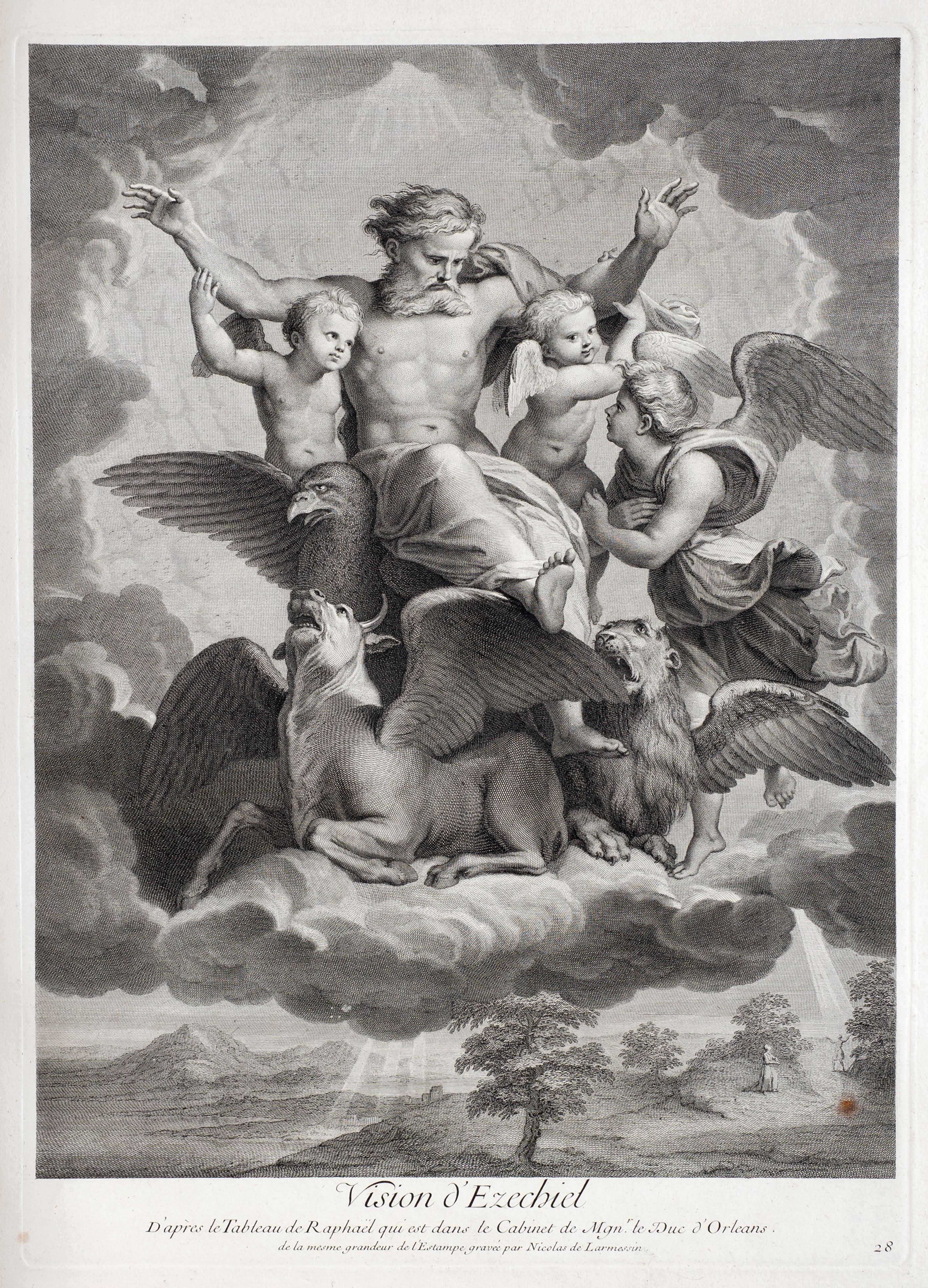 Nicolas de Larmessin (1684-1755) after Raphael (1483-1520), Vision of Ezekiel, engraving and etching, 440 x 309mm. From Recueil d'estampes d'après les plus beaux tableaux et d'après les plus beaux desseins qui sont en France…, Paris: Imprimerie royale, 2 vols, 1729-1742, vol. 1, plate 28. Wellington: Victoria University of Wellington Library.