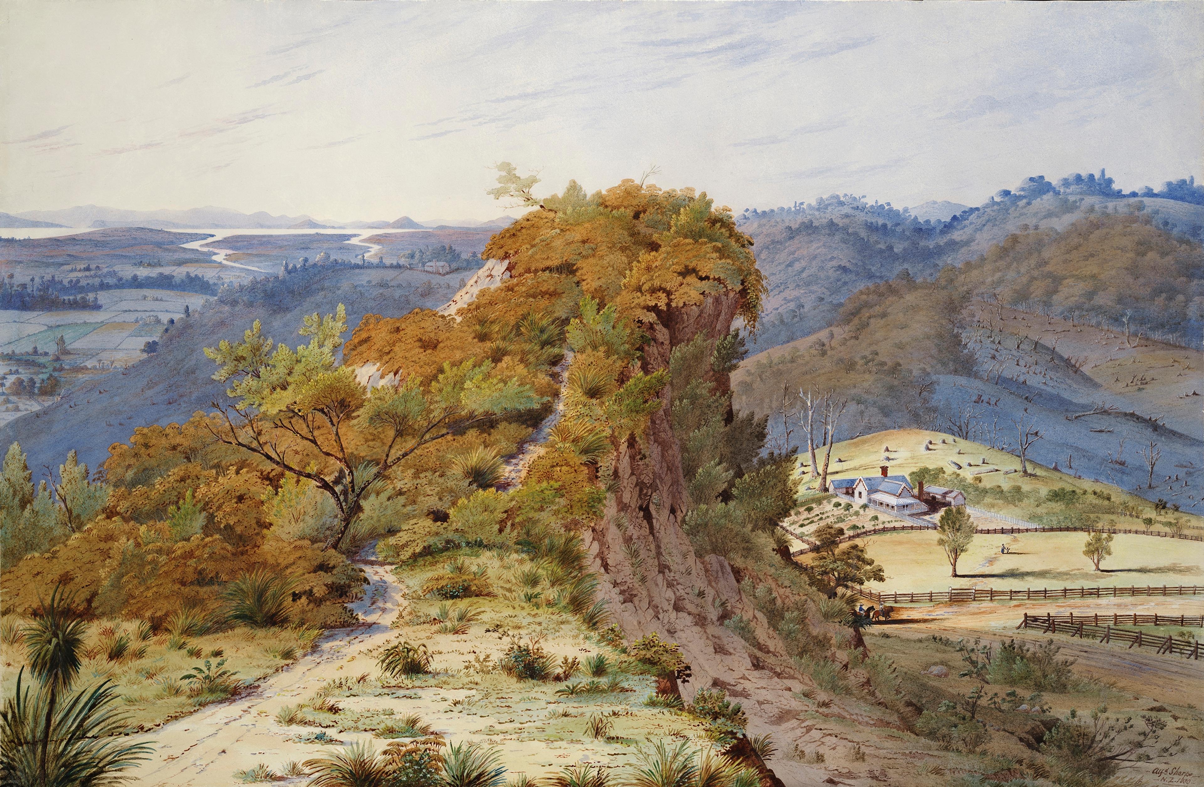 Image of Alfred Sharpe's watercolour painting titled 'View of the Rock of Maketū, near Drury, NZ', painted in 1880