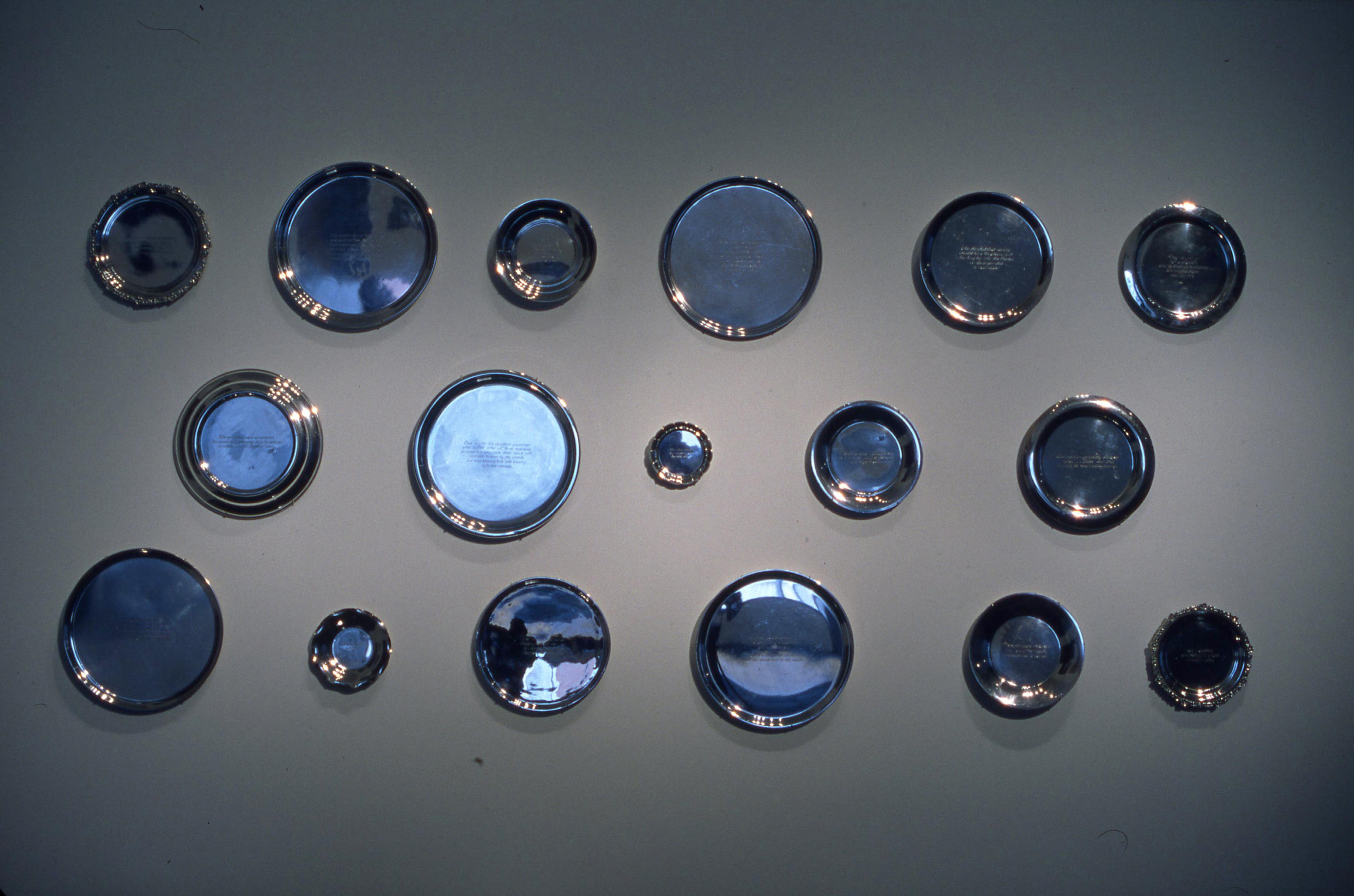 Mary-Louise Browne, Eulalia (detail) from the Lususnaturae series, engraved platters, variable dimensions.  Installation view, Language Matters, Adam Art Gallery Te Pātaka Toi, Victoria University of Wellington, 2000