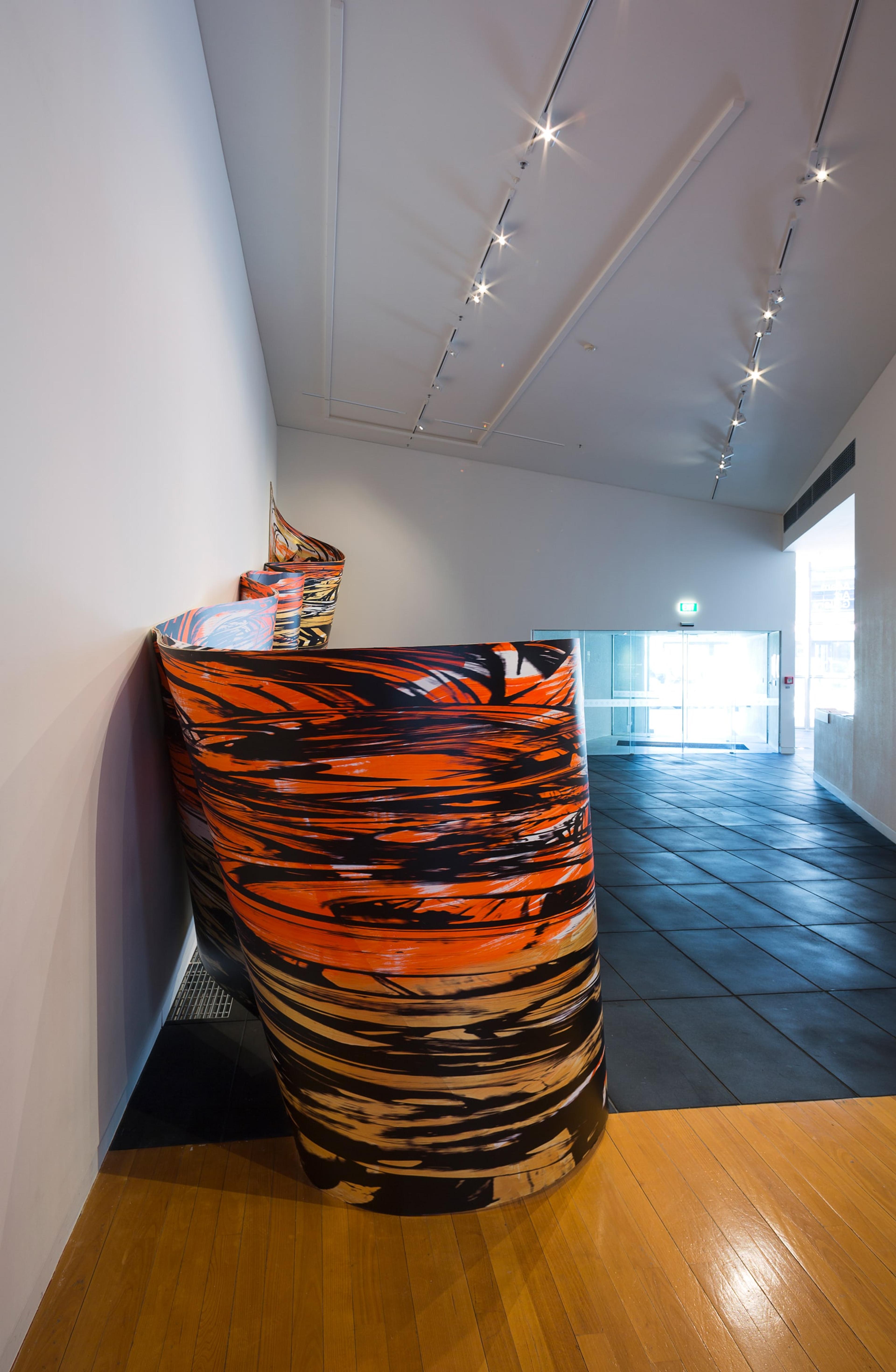 Judy Millar, installation view of Space Work 7, 2014. Wood, paint, digital print, 11.1 x 4.3 meters. Courtesy of the artist, Gow Langsford, Auckland and the Adam Art Gallery. Photo: Shaun Waugh.