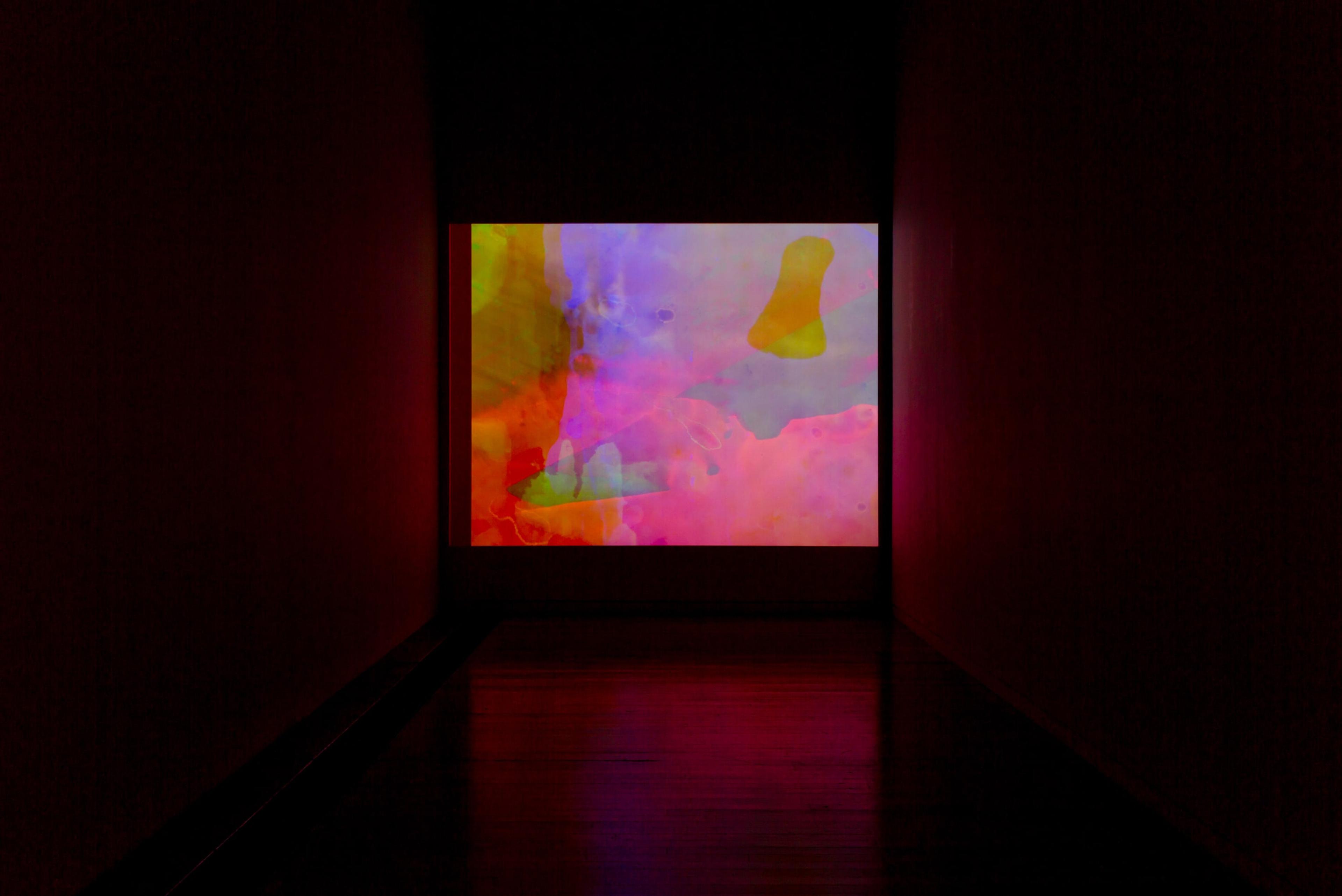 Matt Saunders, installation view of Century Rolls, 2012. Digital video, b&w, colour, silent, 10:45mins. Animated ink on mylar paintings. Commissioned by Tate Liverpool. Courtesy of the artist. Photo: Shaun Waugh.