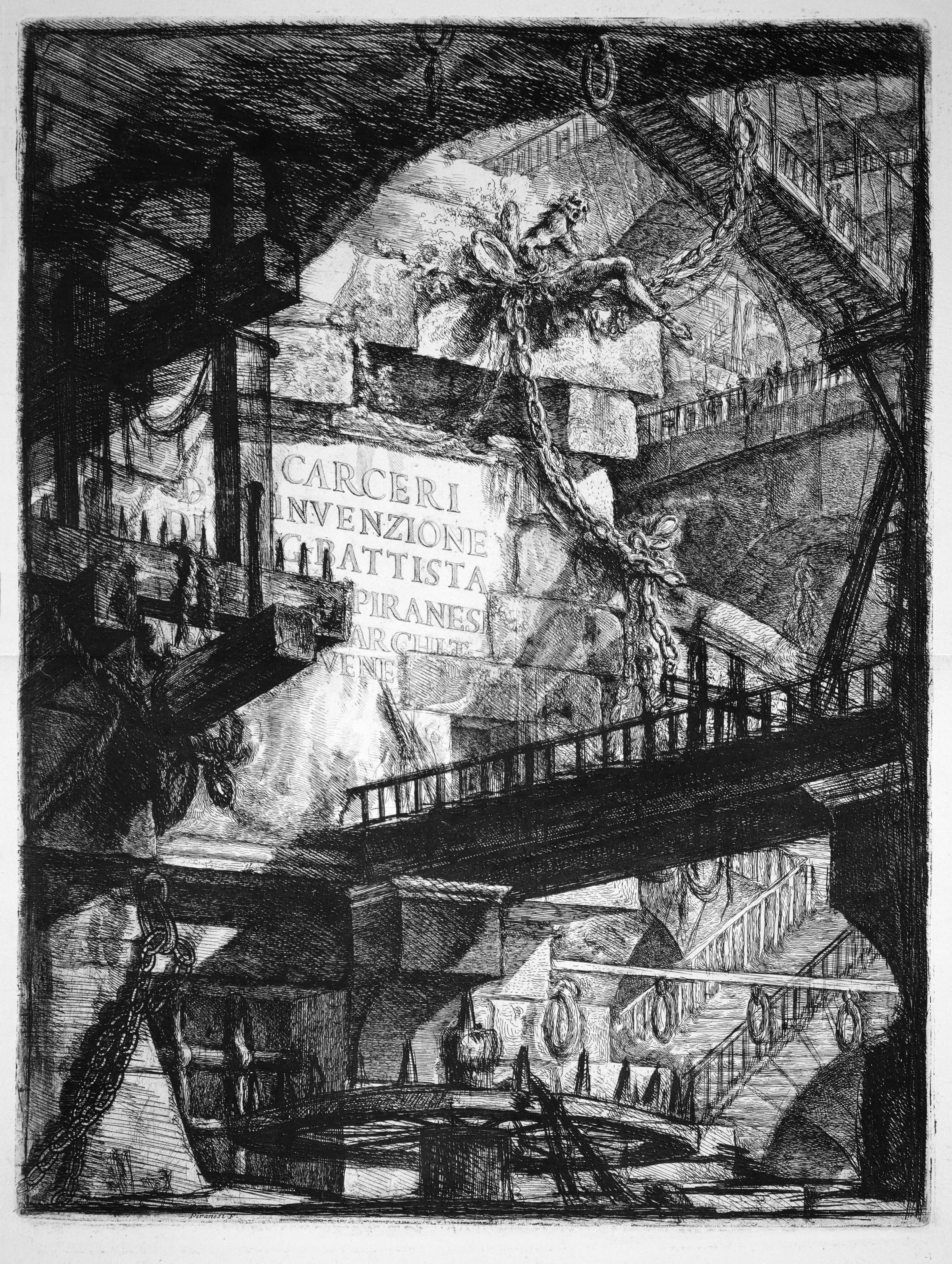 Giovanni Battista Piranesi, Carceri d'invenzione, Title plate, c. 1760-1770, etching, 547 x 413mm (Alexander Turnbull Library, reference C-091-031)