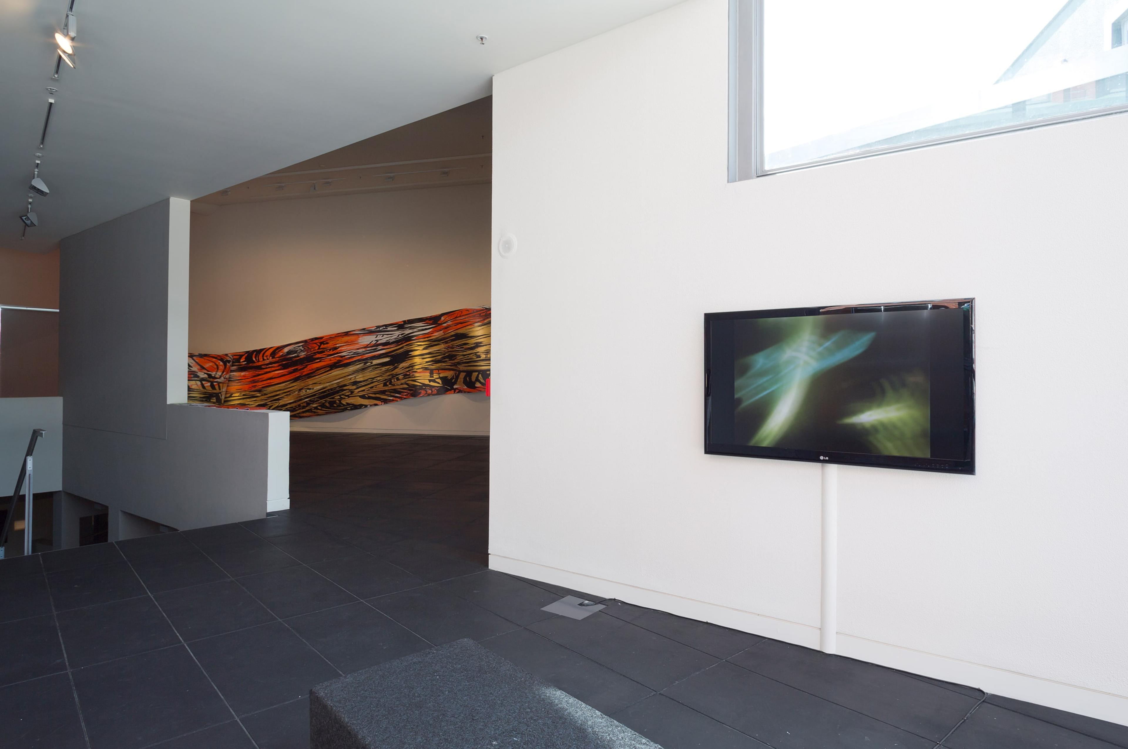 Installation view of Cinema & Painting at the Adam Art Gallery, showing works by Jim Davis and Judy Millar. Photo: Shaun Waugh.
