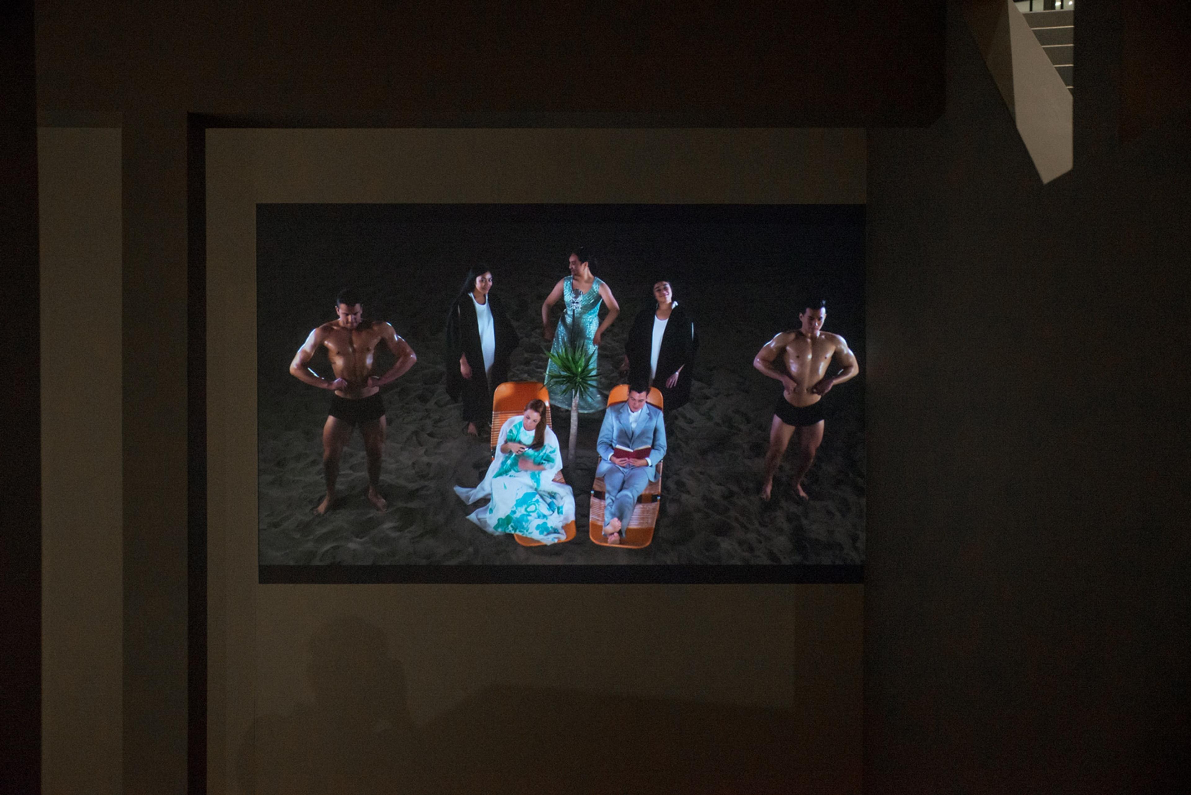 Christopher Ulutupu, Into the Arms of My Colonizer, 2016, digital video, sound, 16mins 22secs. Courtesy of the artist. On view in the exhibition The Tomorrow People, Adam Art Gallery Te Pātaka Toi, 22 July – 1 October 2017, photo: Shaun Matthews