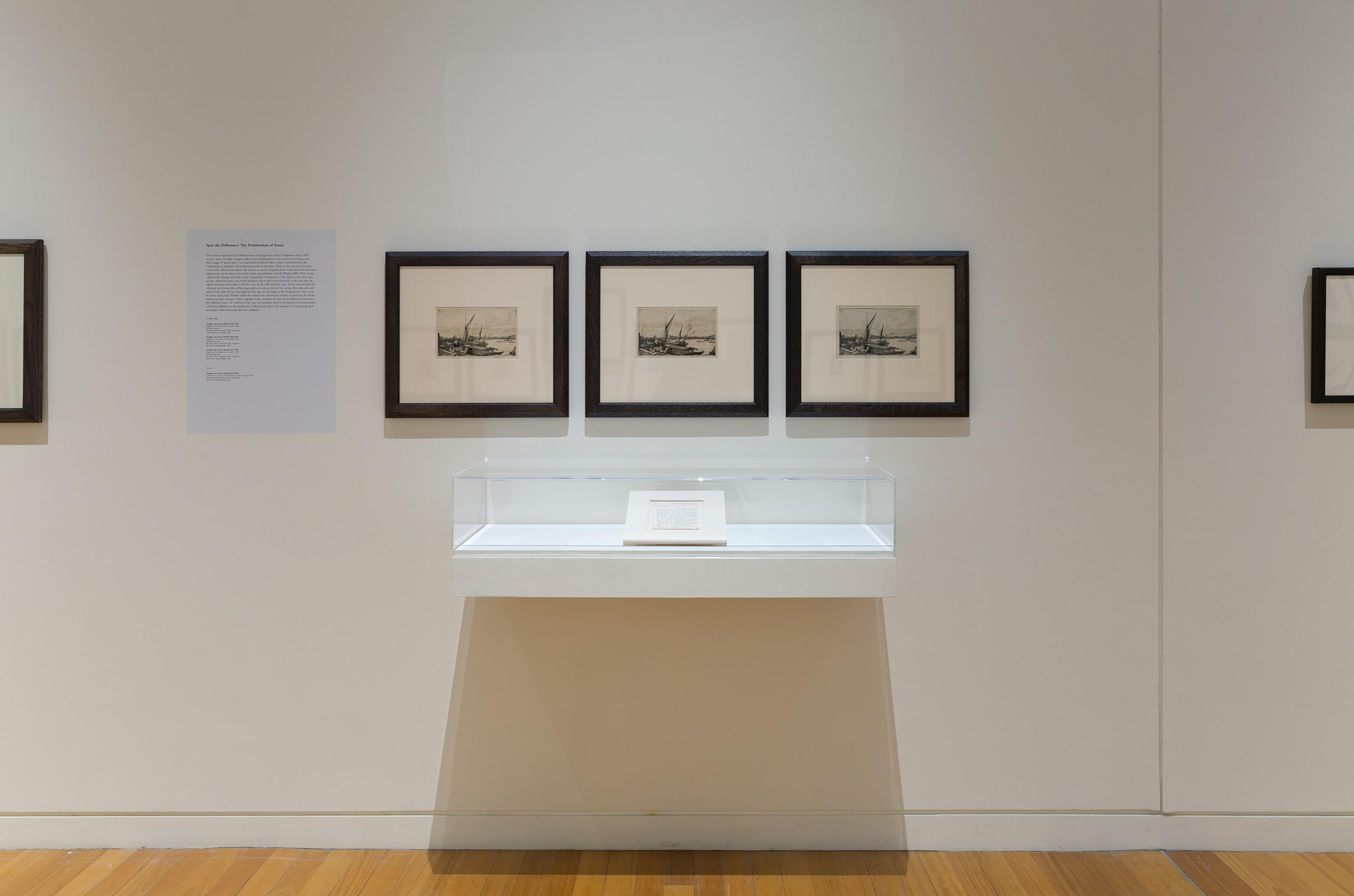 Installation view, Traces of the Wake: The Etching Revival in Britain and Beyond, curated by David Maskill and his ARTH 403 students, Adam Art Gallery Te Pātaka Toi, Victoria University of Wellington, 2015. Photo: Shaun Waugh