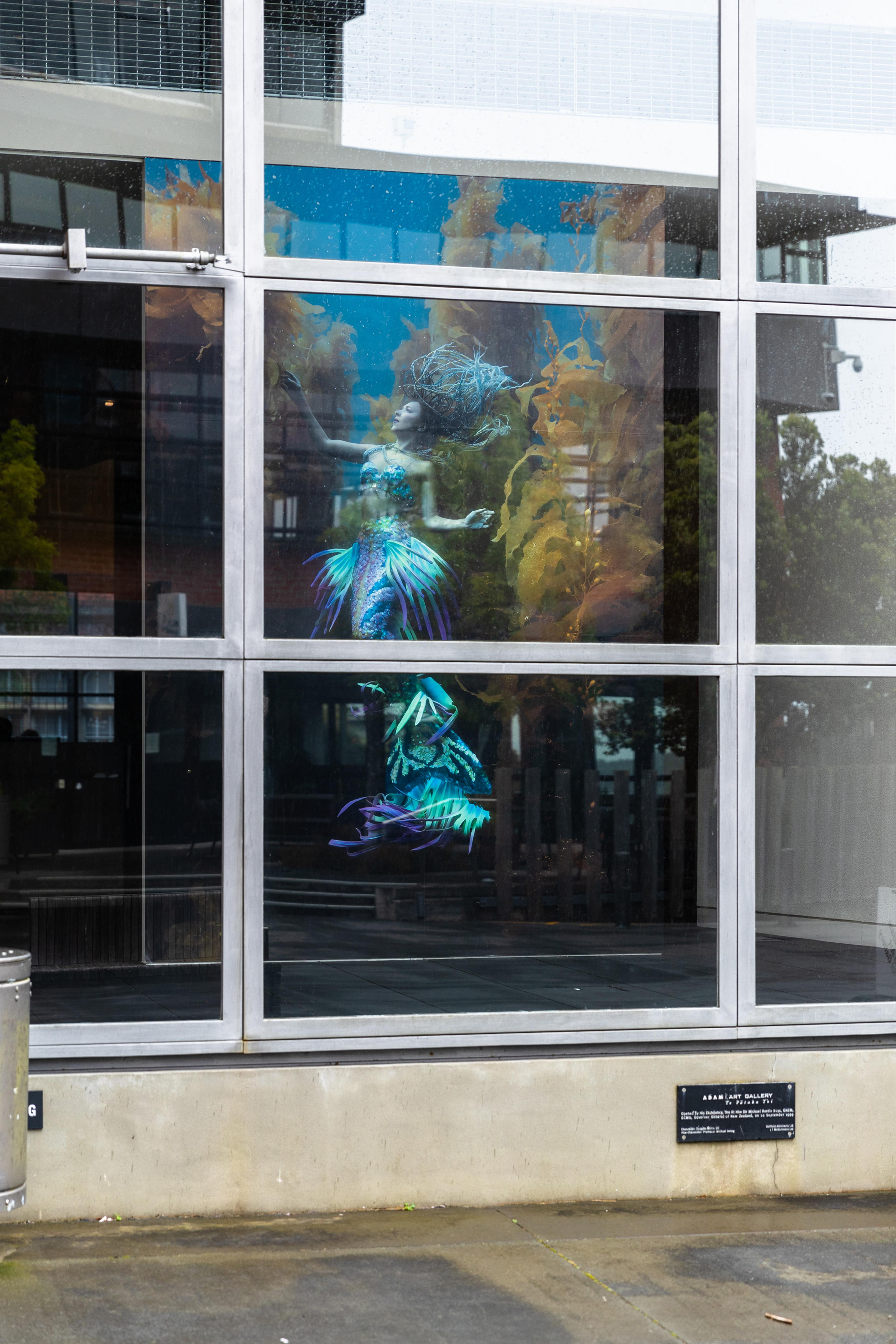 Brett Stanley, Hannah in the Kelp, 2020, colour digital print. Installation view, Megan Dunn: The Mermaid Chronicles, Te Pātaka Toi Adam Art Gallery, Te Herenga Waka Victoria University of Wellington, 2022. Photo: Ted Whitaker