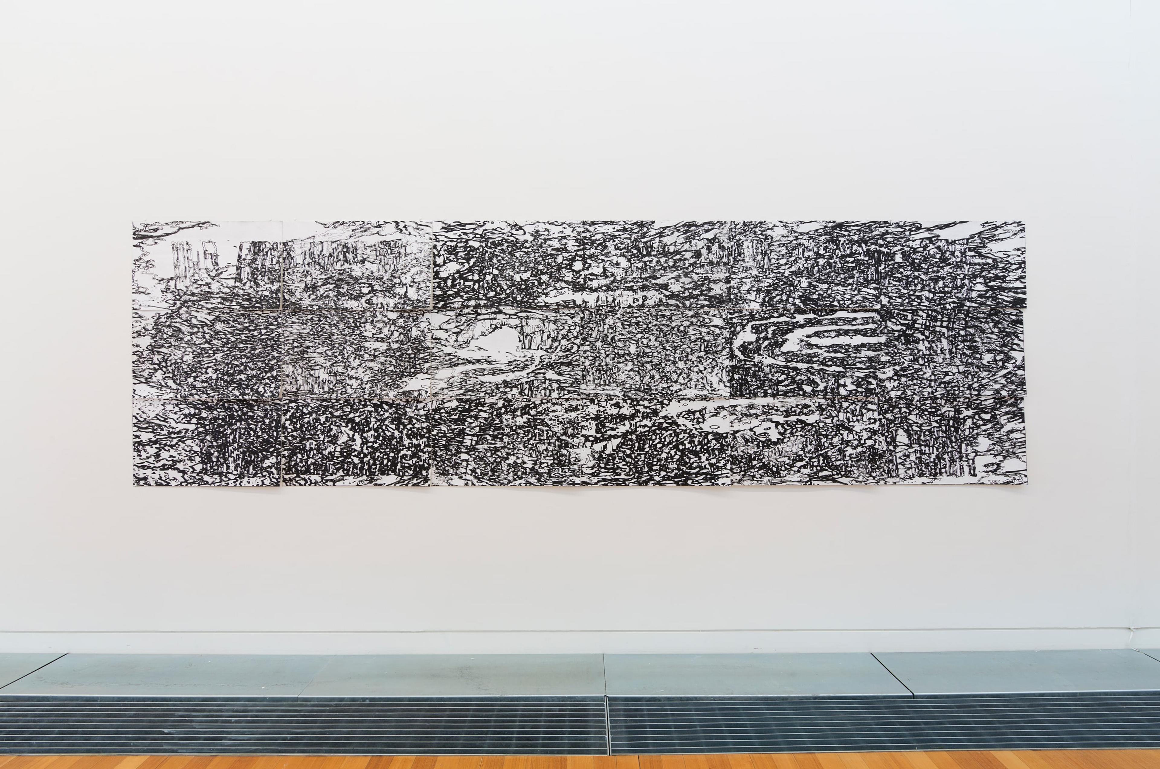 Sarah Treadwell, Oceanic Foundations: Rising Water 1, 2014, mixed media on unstretched canvas, in the exhibition Drawing Is/Not Building at the Adam Art Gallery Te Pātaka Toi, Victoria University of Wellington (photo: Shaun Waugh)