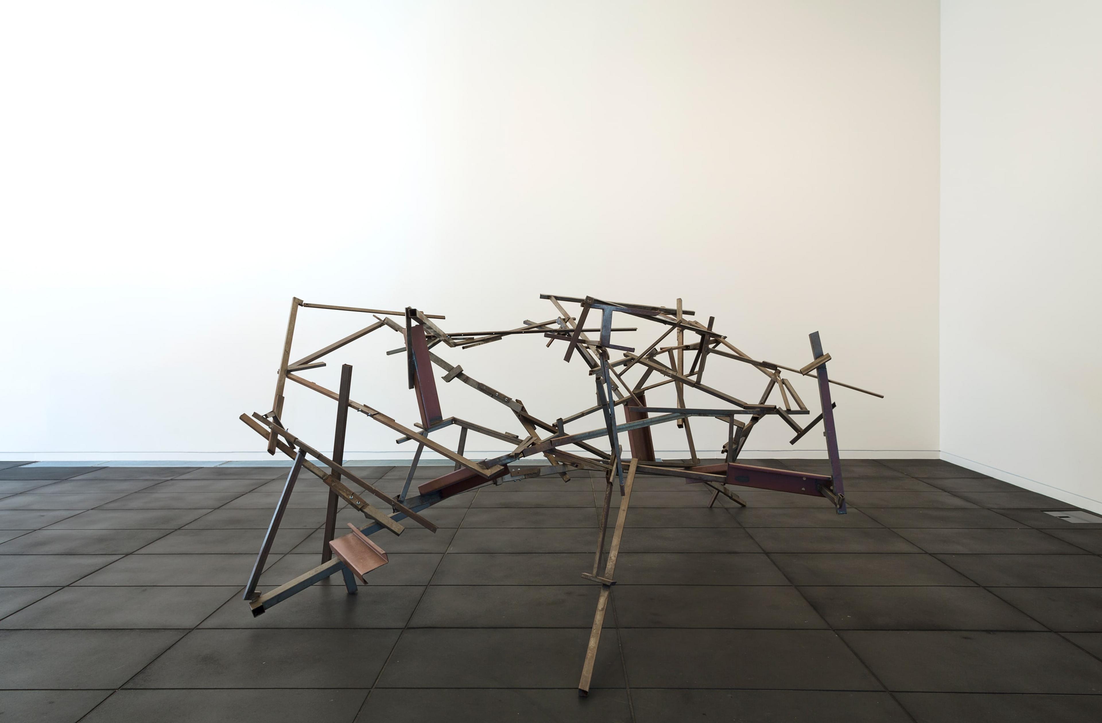 Installation view of John Panting: Spatial Constructions at the Adam Art Gallery, showing 6.08 (Untitled VIII), 1973–74, steel, 244 x 366 x 244cm. Collection of Museum of New Zealand Te Papa Tongarewa, 1977-0006-1. Photo: Shaun Waugh.