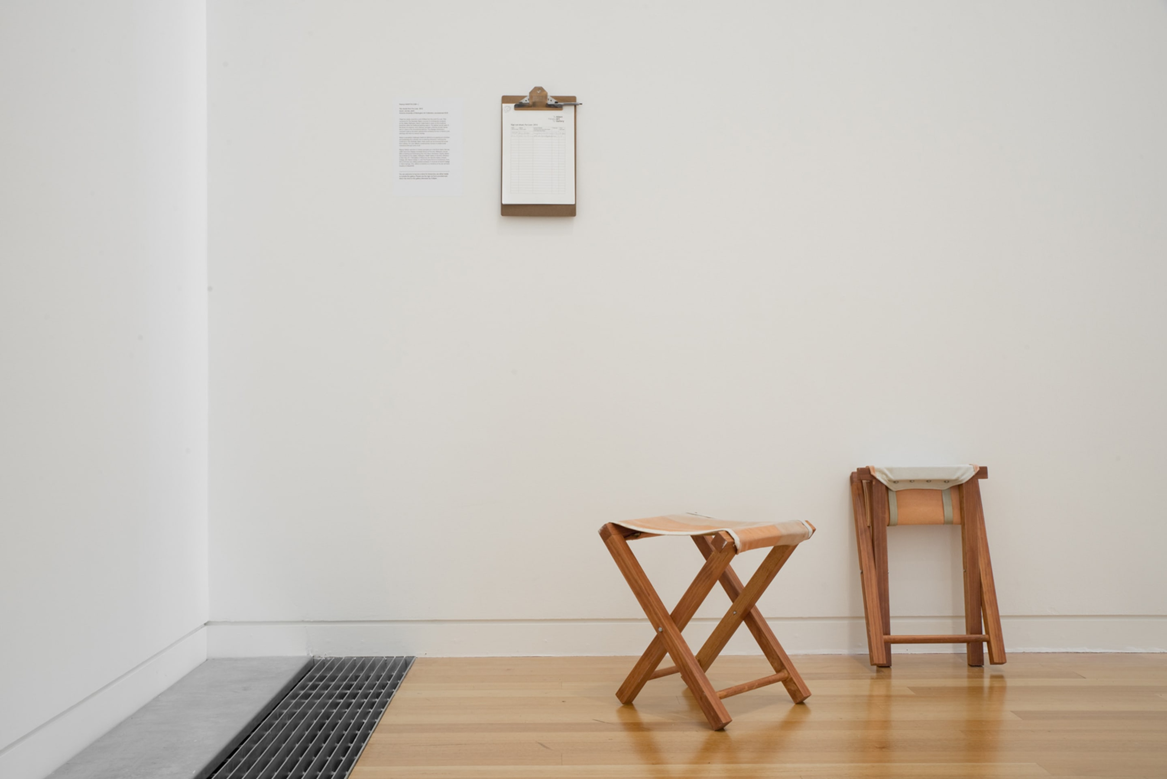 Raewyn Martyn, Two stools from For Loan, 2012, wood, canvas, paint, Victoria University of Wellington Art Collection, accessioned 2016. On view in the exhibition Out of Site – Works from the Victoria University of Wellington Art Collection, at Adam Art Gallery Te Pātaka Toi Victoria University of Wellington, 18 February – 23 April 2017, Photo: Shaun Matthews