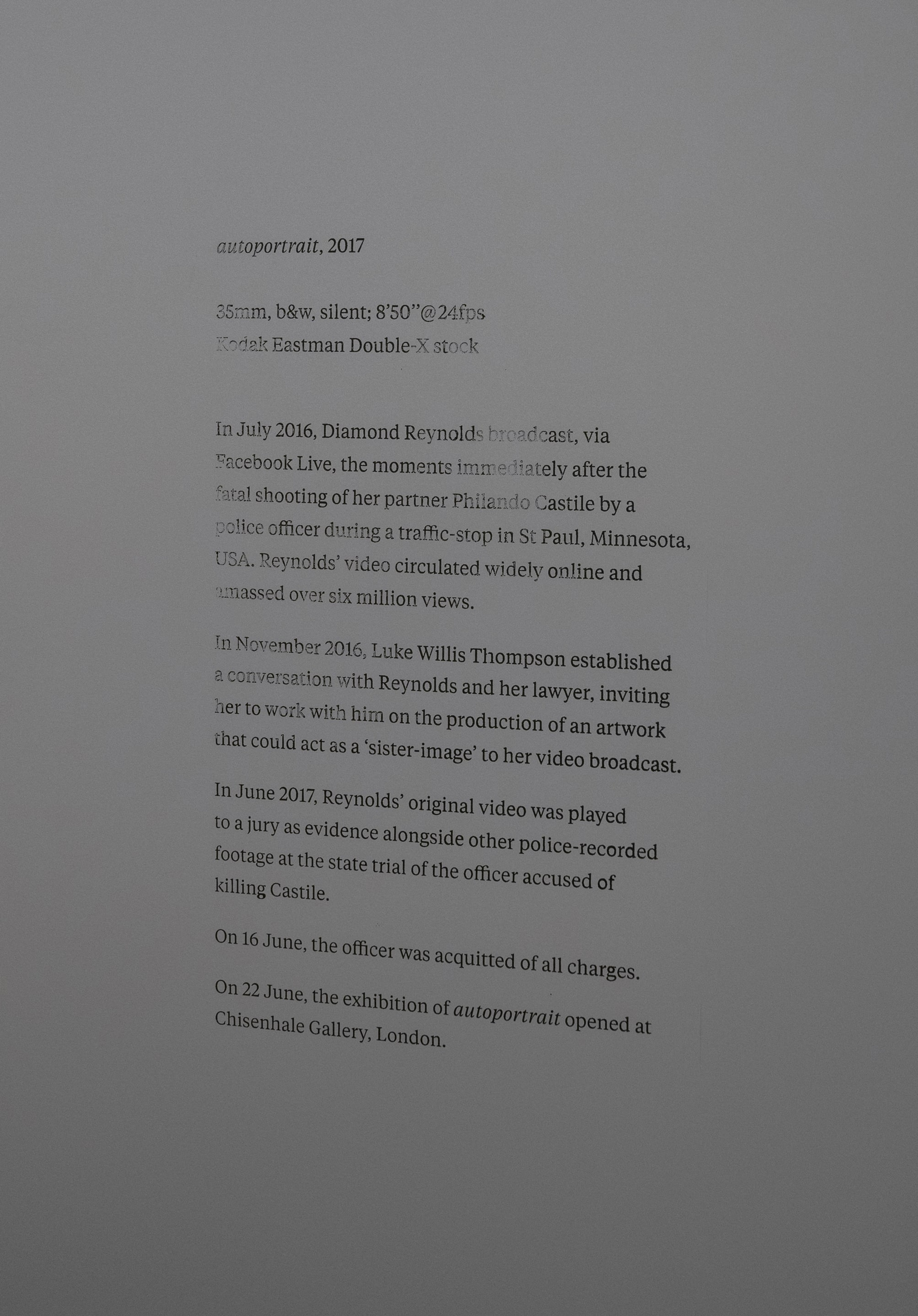 Installation view, Luke Willis Thompson, Adam Art Gallery Te Pātaka Toi, Victoria University of Wellington, 21 February – 15 April 2018