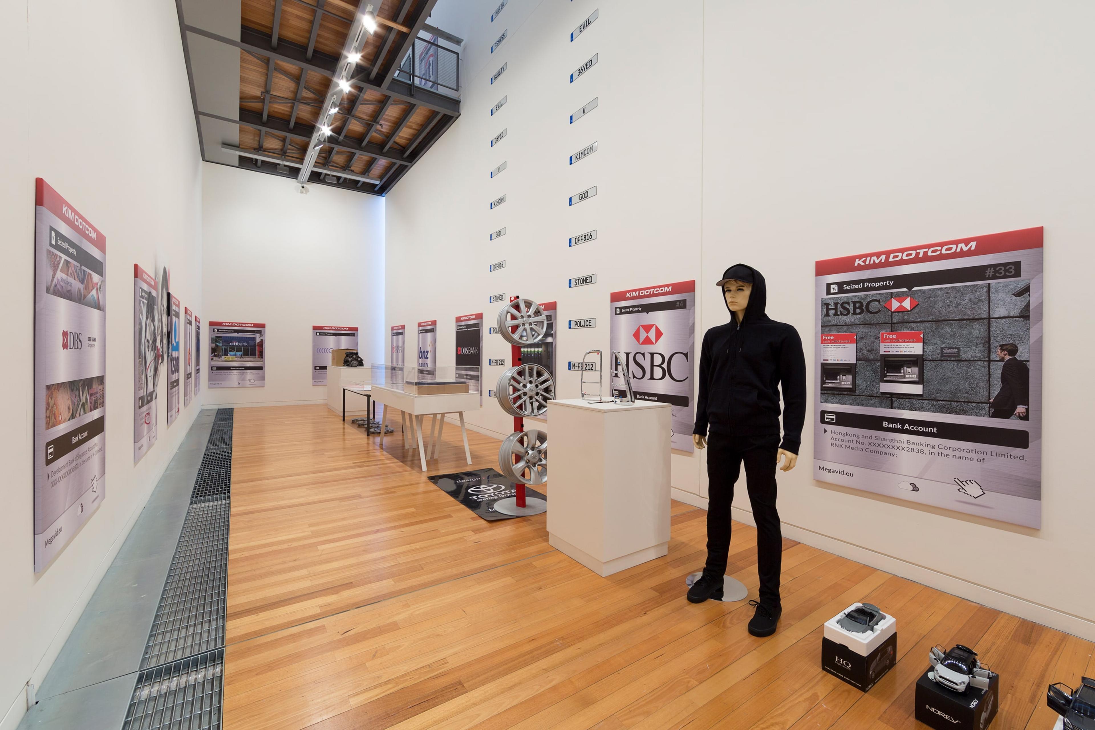 Simon Denny, The Personal Effects of Kim Dotcom 2014, installation view at the Adam Art Gallery, Victoria University of Wellington ©Simon Denny (photo: Shaun Waugh).
